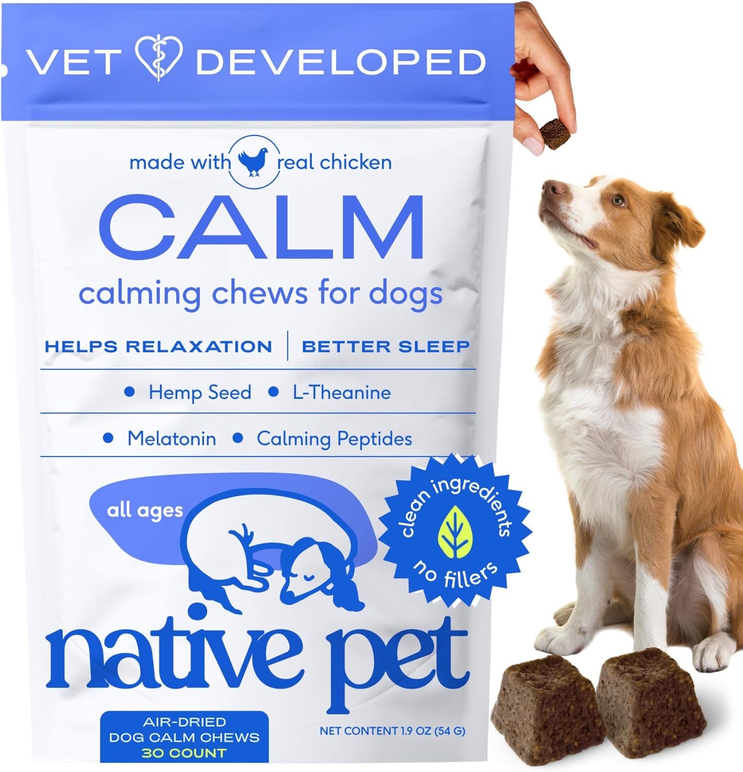 Native Pet Calming Chews for Dogs – Promotes Calming Effect, Supports Emotional Balance & Reduces Hyperactivity – Hemp Seed, Melatonin for Dogs, L-Theanine & Casein – 30 Chews