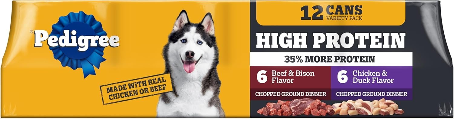 Pedigree High Protein Wet Dog Food, Adult Soft Canned Dog Food Variety Pack, Chicken Duck & Beef Bison Flavor, 13.2 oz. Cans, 12 Count