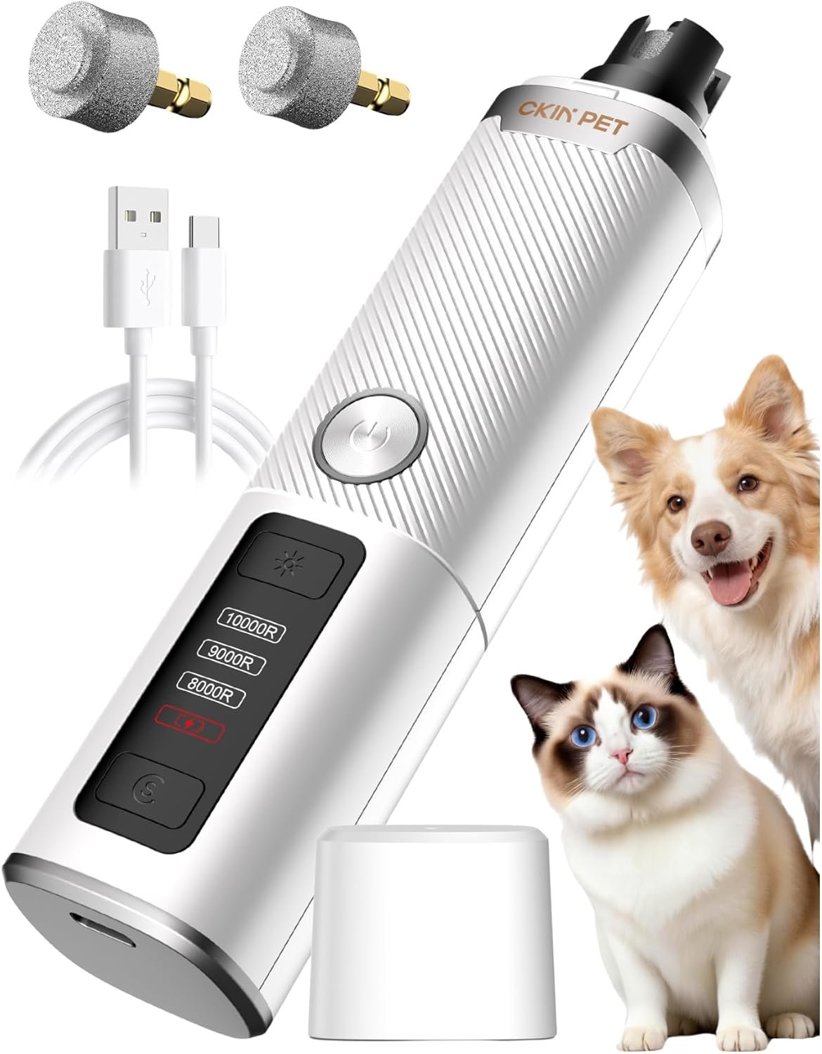 Dog Nail Grinder, Quiet Electric Dog Nail Trimmer with 2 LED Lights, 3-Speed Pet Nail Grinder for Dogs & Cats, Rechargeable 2000mAh Nail Grinder for Small Medium Large Dogs with Light, White