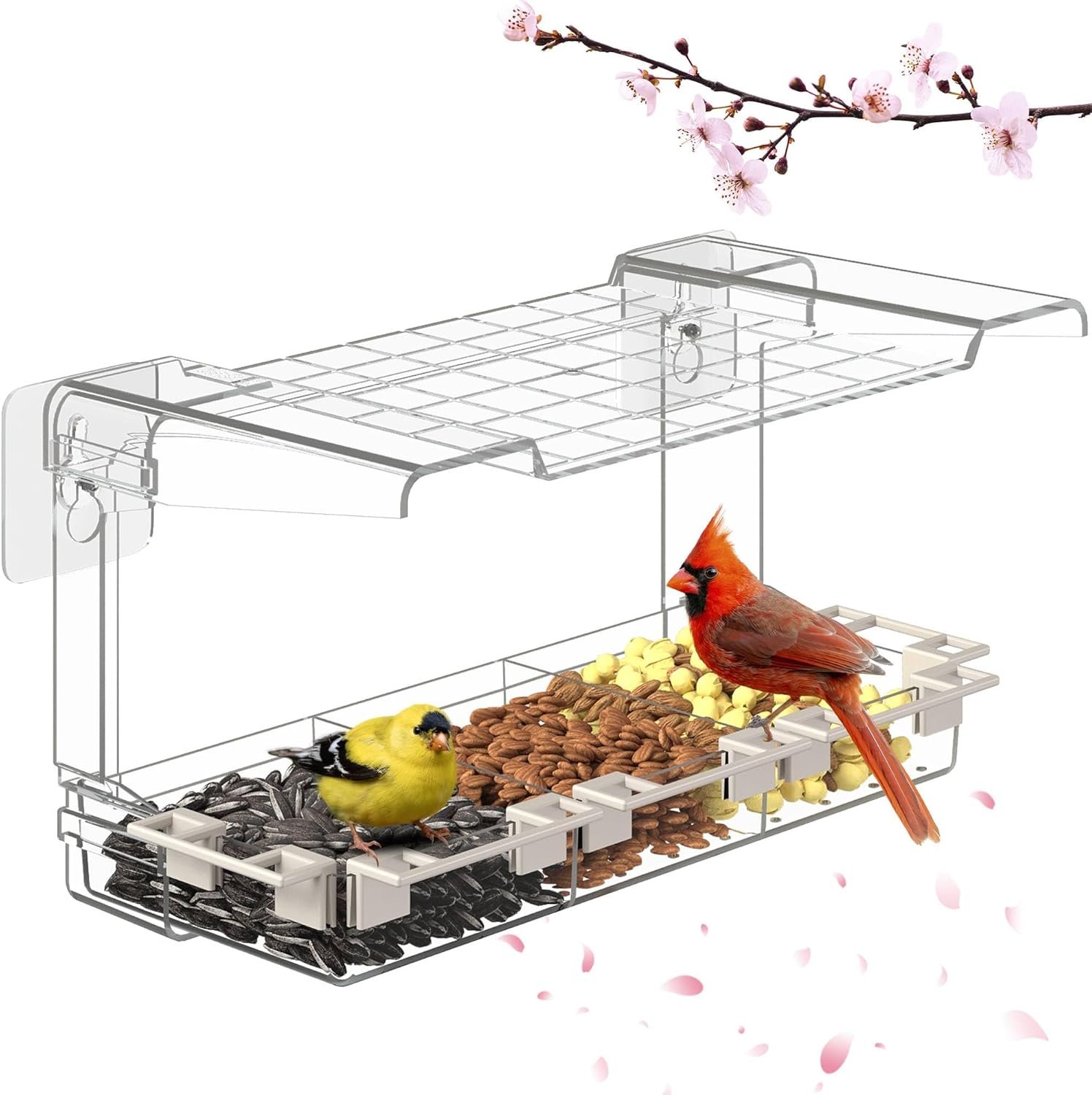 Clear Window Bird Feeder Outdoors – Bird Feeder for Viewing with 5 Perching Stands, Self-Adhesive Hooks, Drain Holes and Removable Tray, as a Birdhouse, Garden Decor