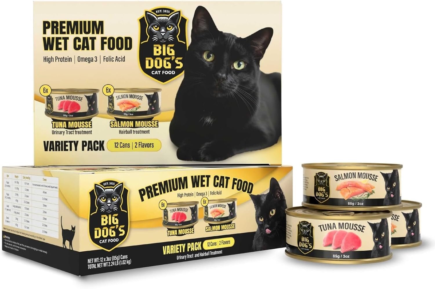 BIG DOG’S CAT FOOD – Wet Cat Food Variety Pack Urinary Tract & Hairball Control Premium Salmon & Tuna Pate, Taurine & Omega 3 High Protein Seafood for Cats, 3 Oz Cans 12 Pack