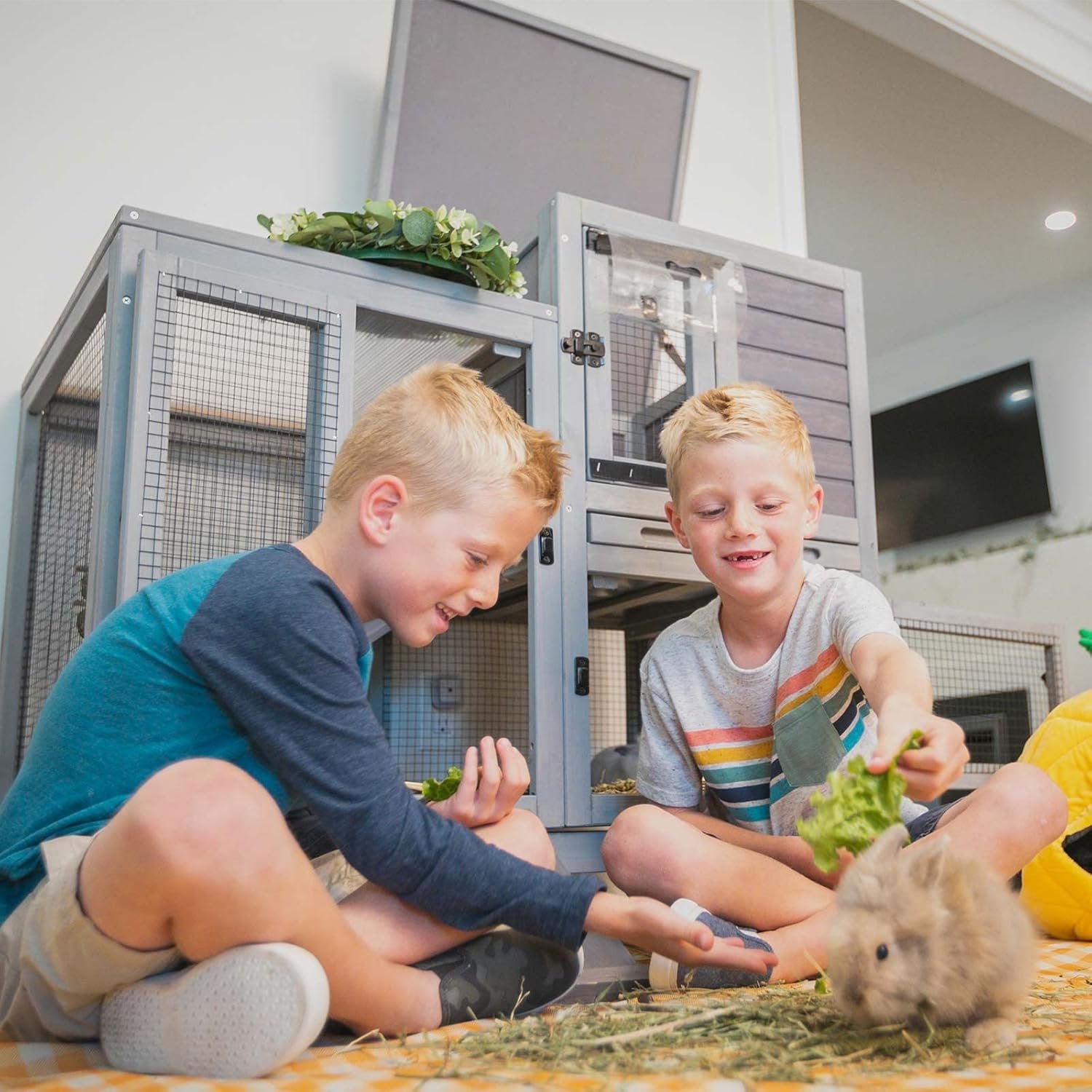 Aivituvin Rabbit Hutch, Indoor Bunny Cage with Run Outdoor Rabbit House with Two Deeper No Leak Trays – 4 Casters Include (Grey)
