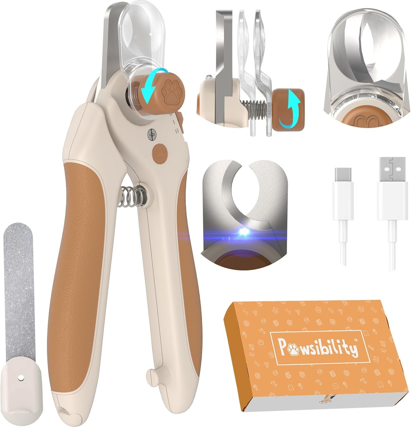 Pawsibility Pet Nail Clipper PRO 2026 -​​ ​​Quick-Vision LED Light | 2-Stage Adjustable Professional-Grade Blade | Adjustable Magnifier Safety Guard – for Cats, Small, Medium and Large Dogs – Brown