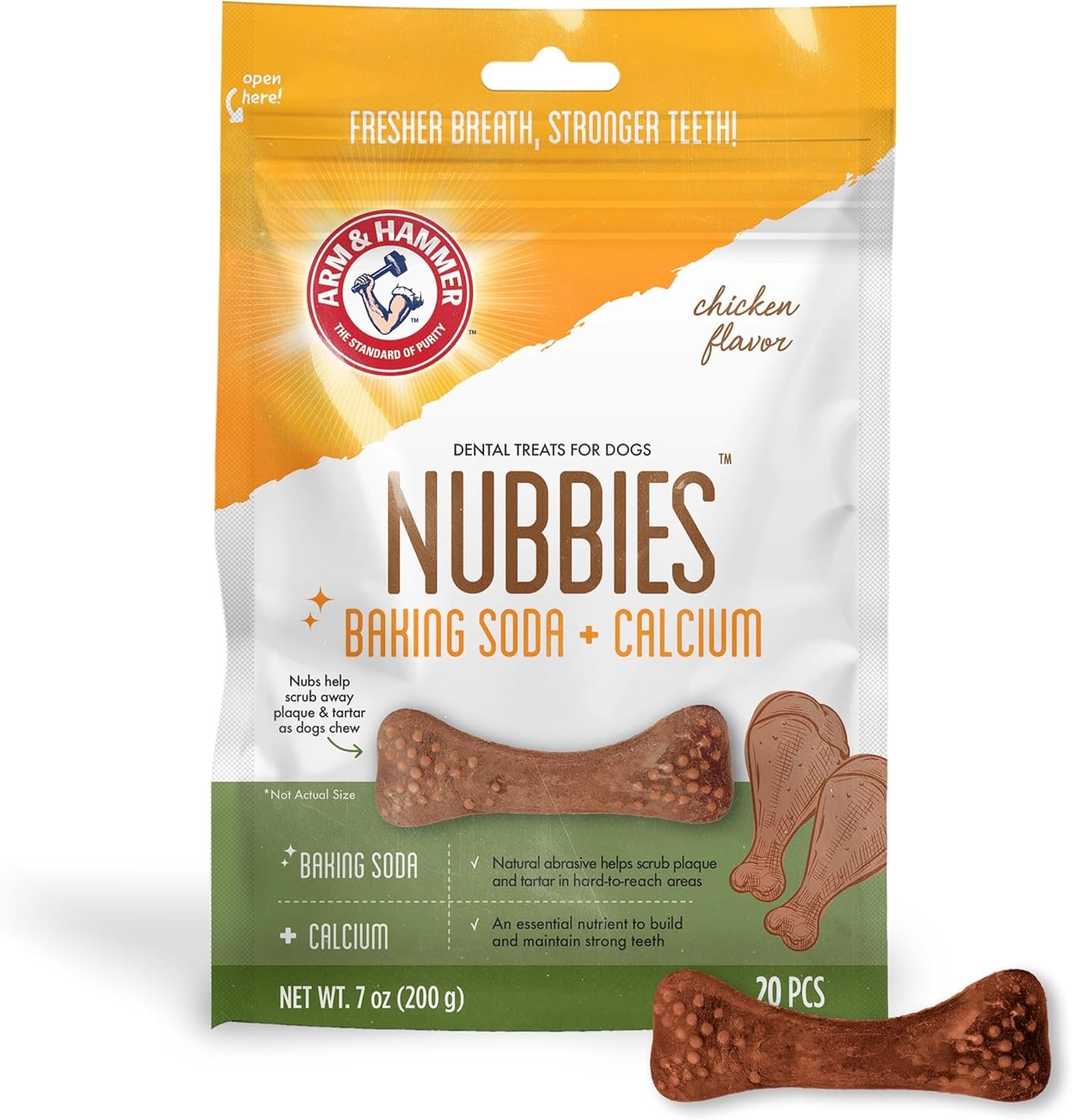 Arm & Hammer for Pets Nubbies Dental Treats – Baking Soda & Calcium Dog Dental Chews, Nubbed Texture Helps Scrub Plaque & Tartar While Chewing, Chicken Flavor, 20 Count, 7 Ounce