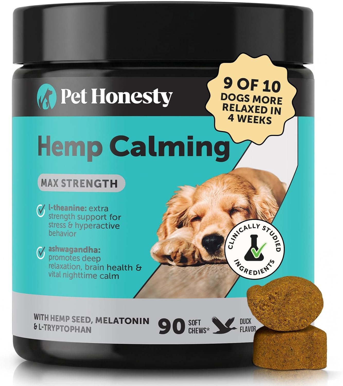 Natural Hemp Calming Chews for Dogs, Maximum Strength Stress Support for Anxiousness with Melatonin & Valerian Root, Non-Sedating Dog Relaxing Chews for Separation, Thunder & Vet Visits – Duck (90 Ct)