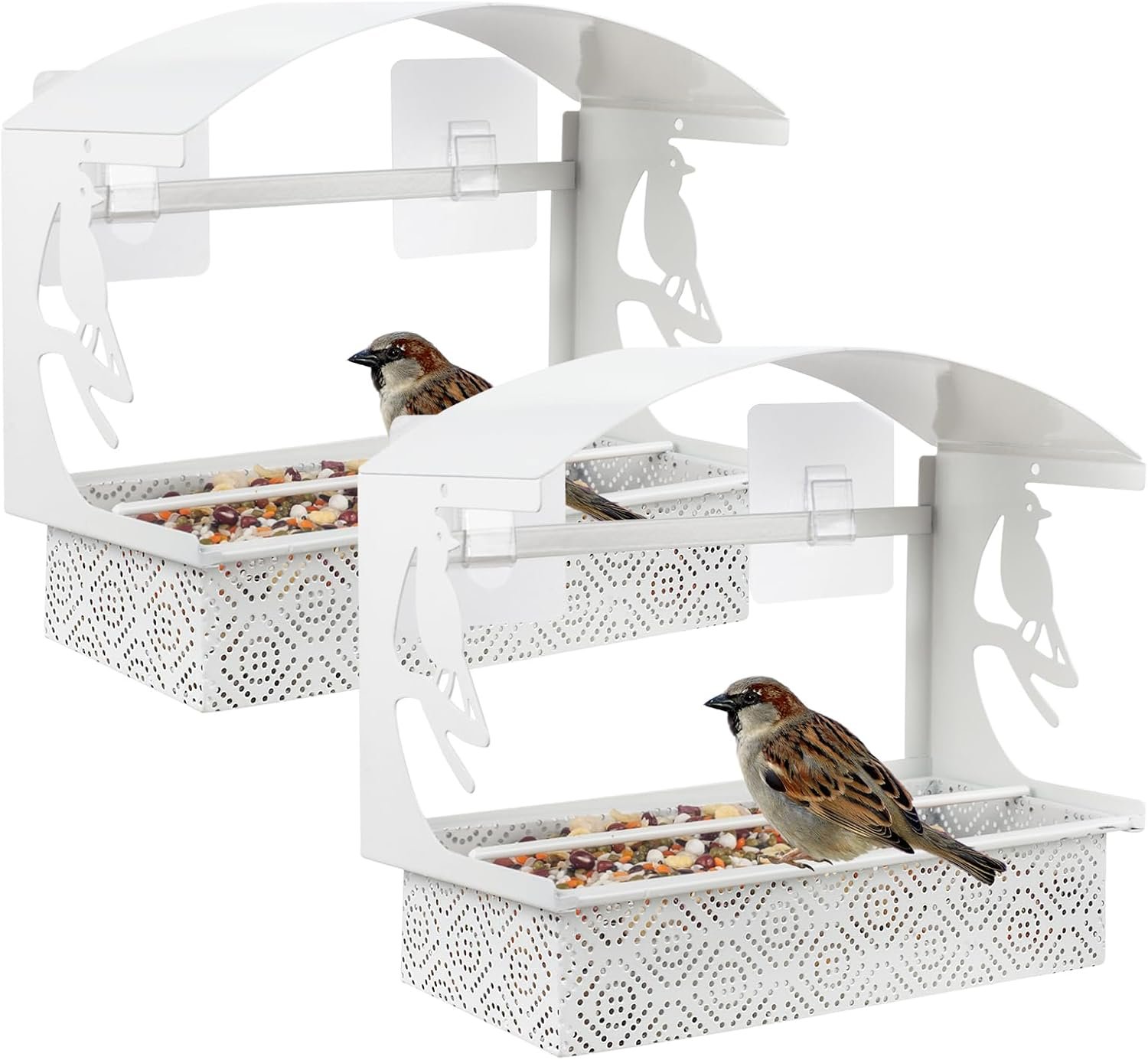 Tonitrui Window Bird Feeder with Heavy-Duty Adhesive Hooks for Outside,All-Season Metal Winter Bird Seed Feeder for Ultimate Window Viewing, 2-Pack (White)