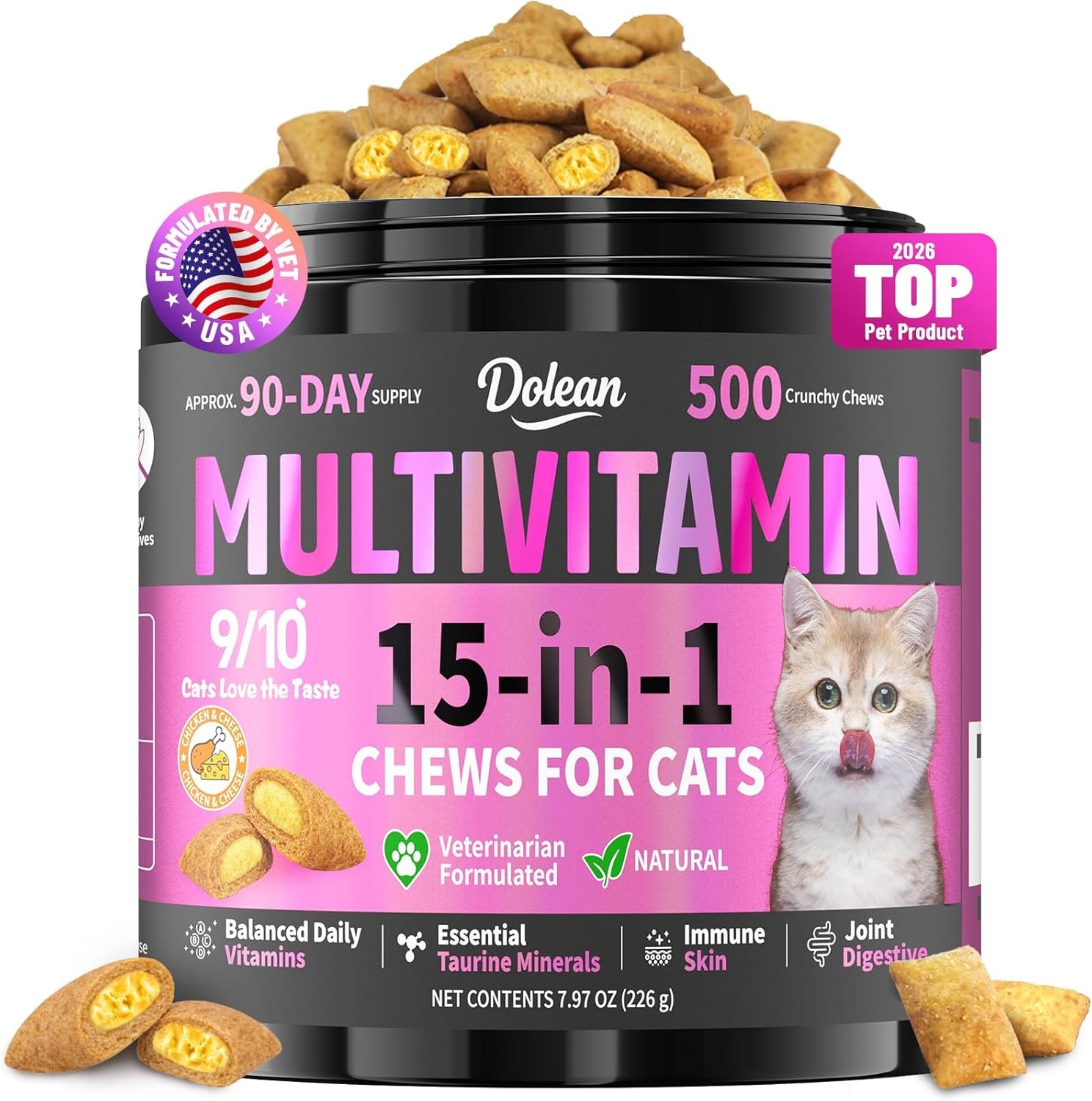 Taurine for Cats Vitamins Treats, 15 in 1 Cat Multivitamin Support Skin, Joint, Digestion & Immune Supplement, 500 Crunchy & Creamy Chews with Essential Vitamins for Cats of All Ages (90-Day Supply)