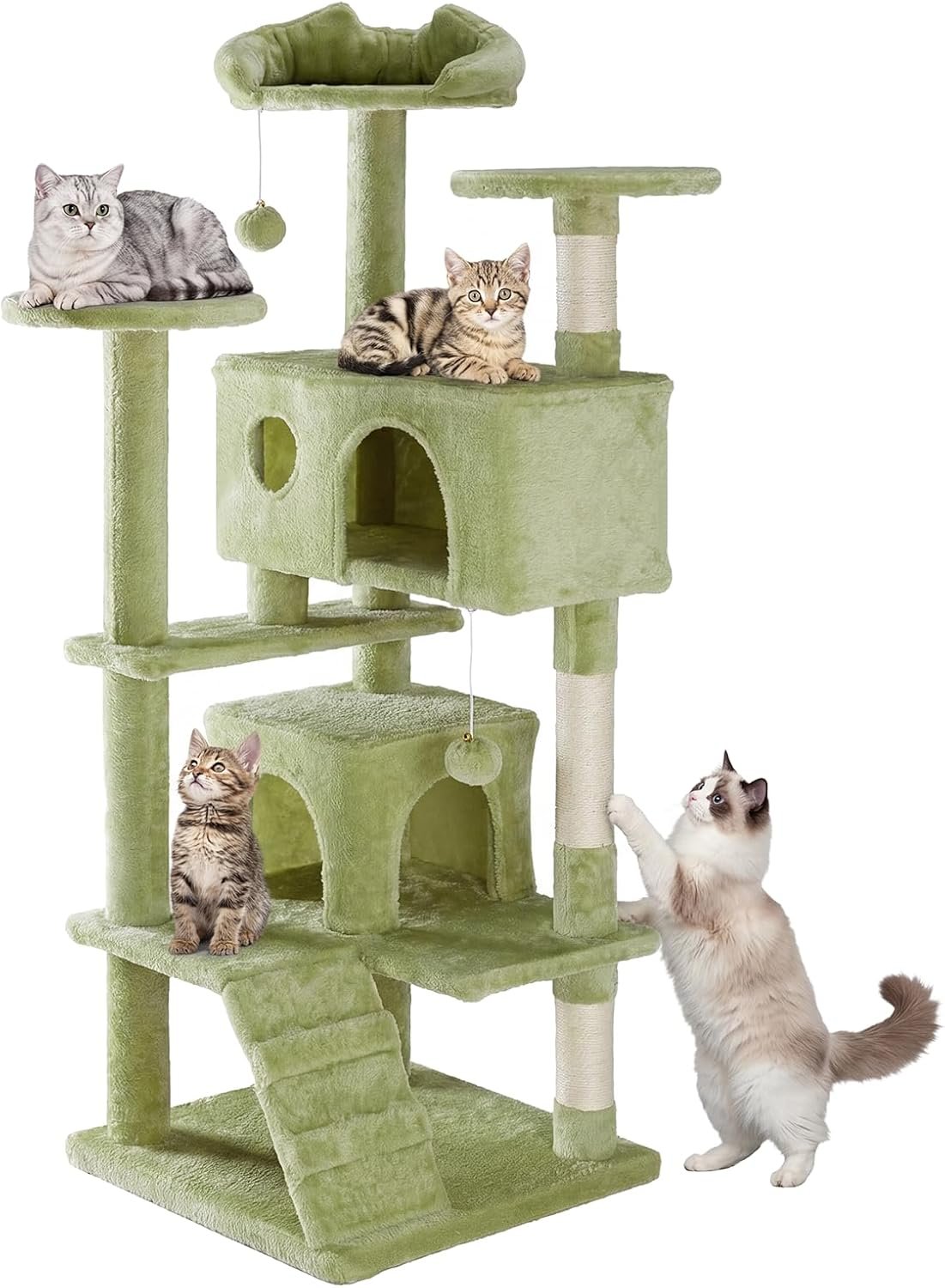 Sweetcrispy 54 Inch Cats Tree Tower, Multi-Level with Cat Scratching Post, Indoor Cat Condo with Climbing Ladder, Plush Toy, Play House for Cats, Green
