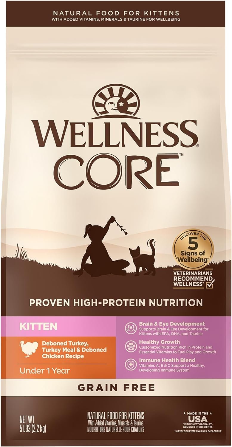 Wellness CORE Kitten Dry Cat Food, Natural, Grain Free Kibble, Turkey Meal and Chicken Recipe, 5 lb Bag