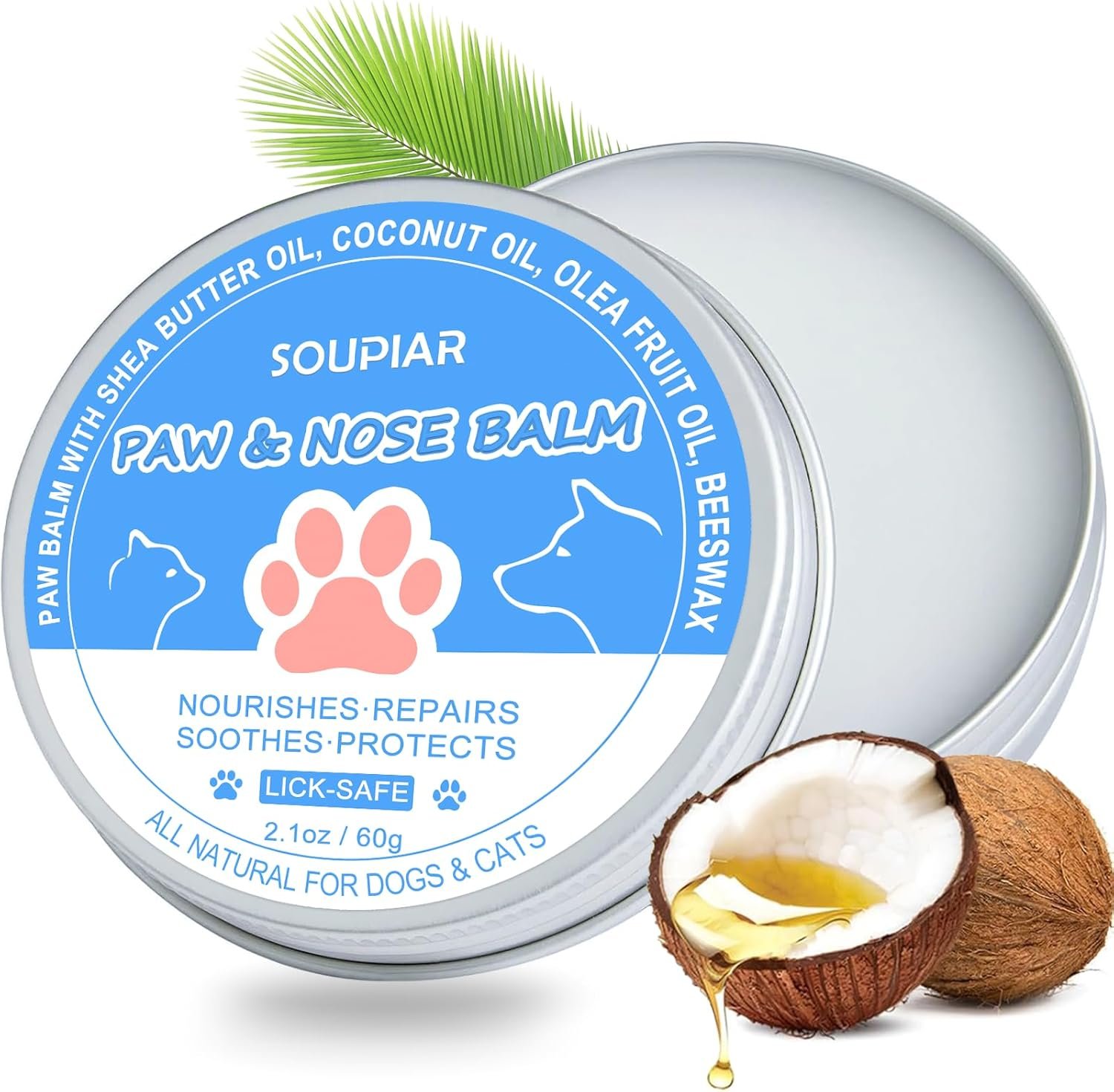 Vet-Approved Dog Paw Balm & Nose Butter 2.1oz – Lick-Safe All-Natural Moisturizer with Coconut Oil, Nourishes Dry Paws & Noses, Protects Against Hot Pavement & Winter Cold for Dogs, Cats & Horses
