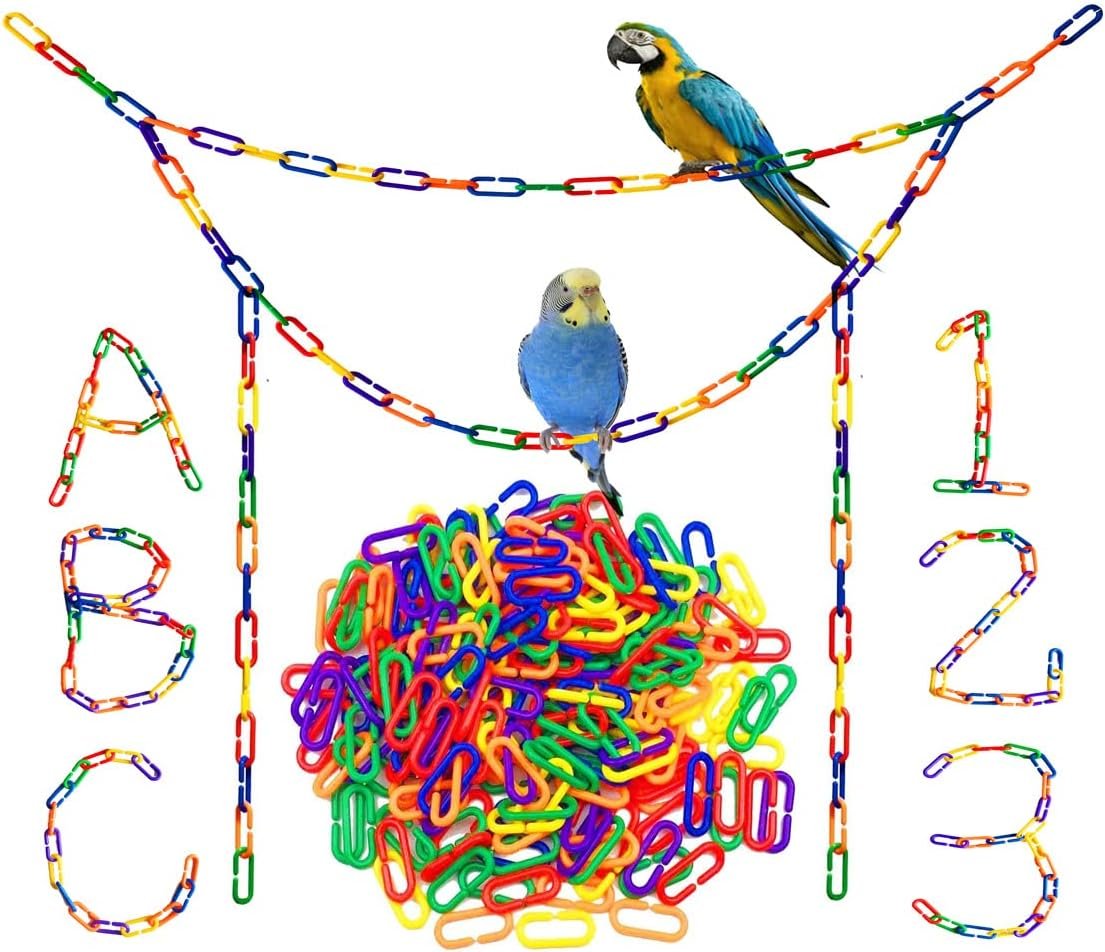 200-Piece Rainbow Plastic Chain Links & Toys – Interlocking C-Clip Bird Cage Accessories for Parakeets, Sugar Gliders, Small Pets (Climbing/Swinging Toys)