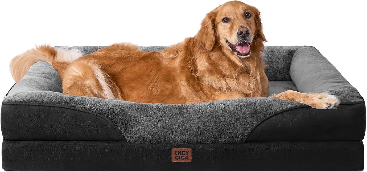 EHEYCIGA Orthopedic XL Dog Bed for Large Sized Dog, 42×30 Inch Extra Large Memory Foam Dog Couch Bed with Sides, Waterproof Liner & Washable Removable Cover, Bolster Pet Sofa, Grey/Black