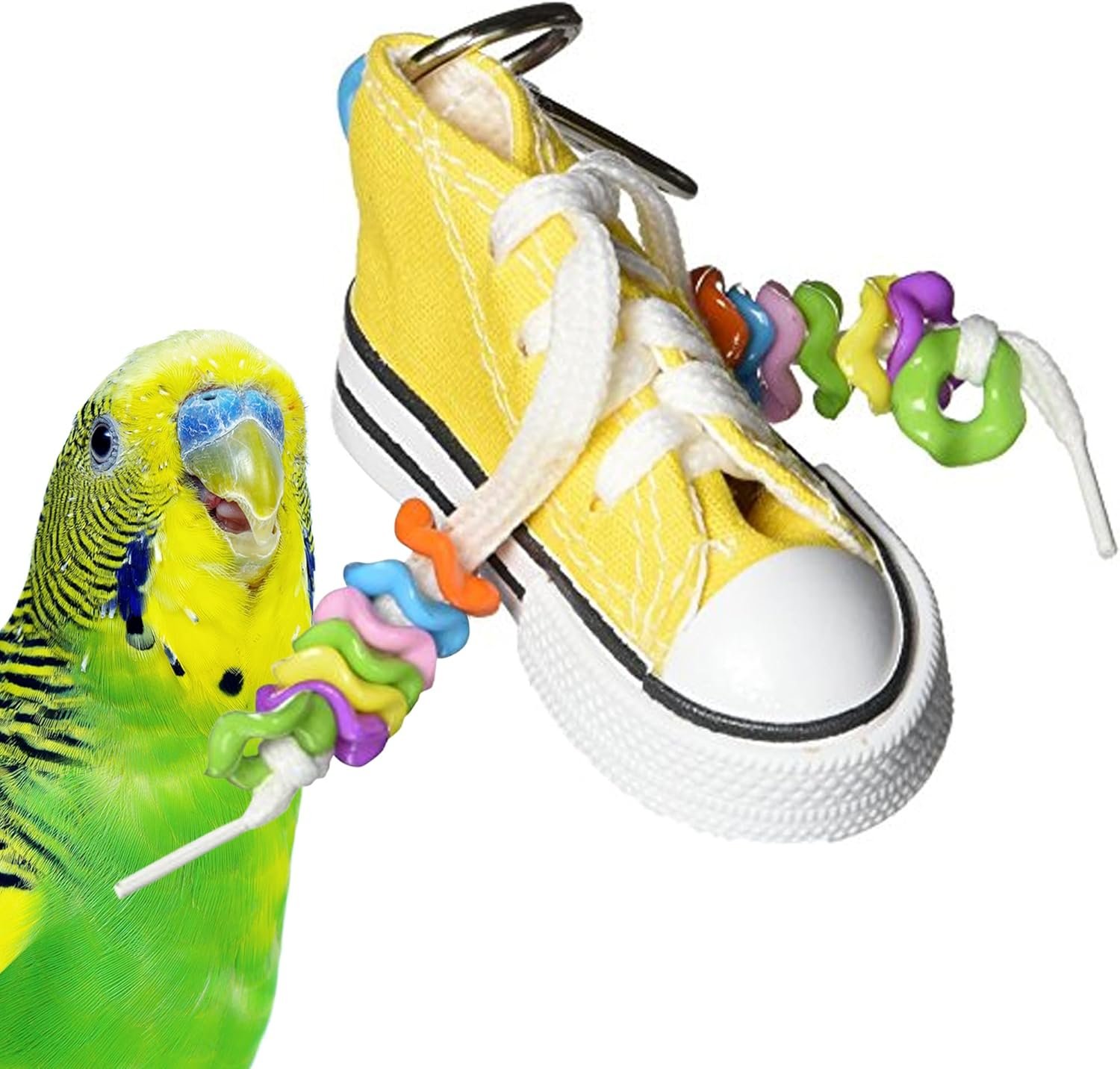 Super Bird Creations SB719 Beaker Sneaker Bird Toy for Parrotlets, Parakeets, Cockatiels, Lovebirds, ringnecks, Medium Conures – Mini Colorful Canvas Sneaker – Small/Medium Bird Size, 6″ x 2″