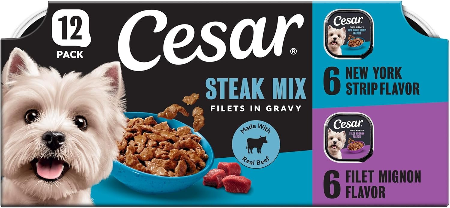 Cesar Filets in Gravy Adult Wet Dog Food Variety Pack, Filet Mignon and New York Strip Flavors, 3.5 oz. Easy Peel Dog Food Tray, 12 Count (Pack of 1)