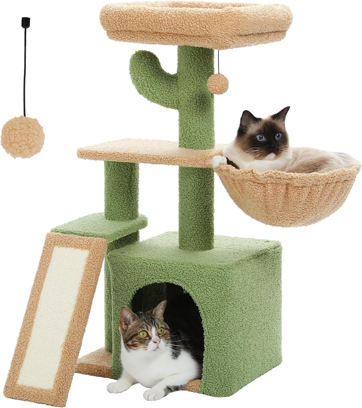 PETEPELA Cactus Cat Tree for Indoor Cats, 32” Small Cat Tower Cat Condo with Sisal Scratching Ramp, Cozy Hammock and Removable Top Bed Perch for Kittens, Green