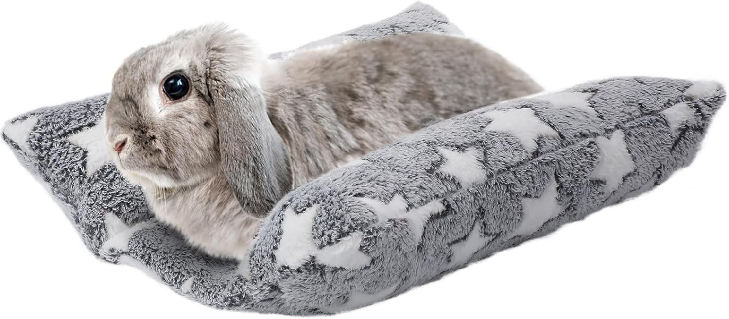 MEWTOGO 15.7″ x 14″ Bunny Bed for Rabbit Cage – Thickened Soft Prevent Sore Hocks Plush Mat with Cotton Lounger Pillows, Small Animal Flop Mat for Hutch Sleeping Indoor, Gray-Star