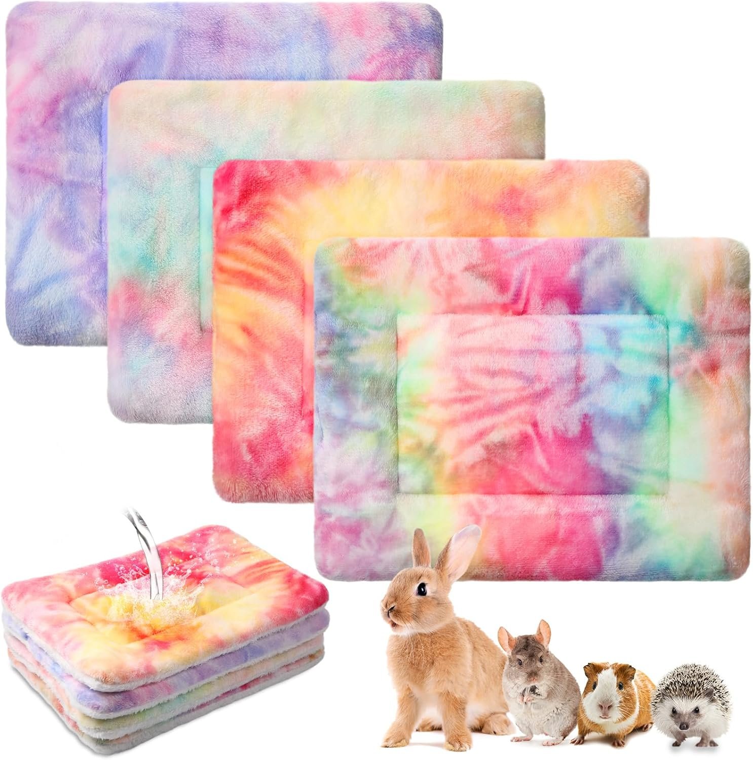 Haull 4 Pcs Waterproof Guinea Pig Bedding Guinea Pig Bed Plush Cage Liners Soft Rabbit Dog Crate Pad Cat Mat Reversible Cozy Animal Pee Pad Hamster Bunny Mat Accessory(Tie Dyed,13 x 10 Inch)