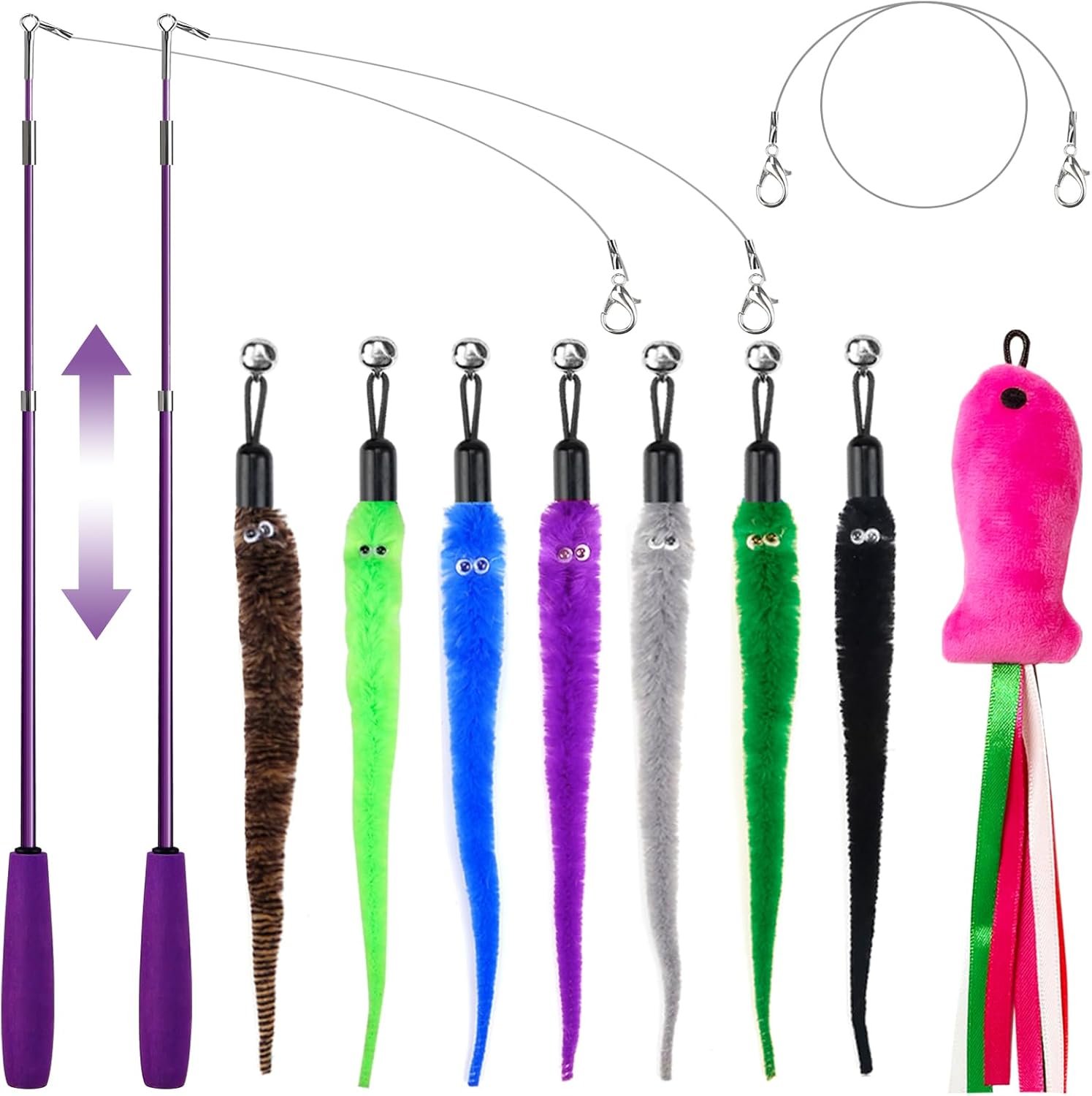 Cat Toys for Indoor Cats, 11PCS Interactive Cat Toy Wand Pack, 2 Retractable Cat Wand & 7PCS Worm Teaser Refills, Plush Fish Kitten Toys, Cat Feather Fishing Pole Toy for Play Chase Exercise
