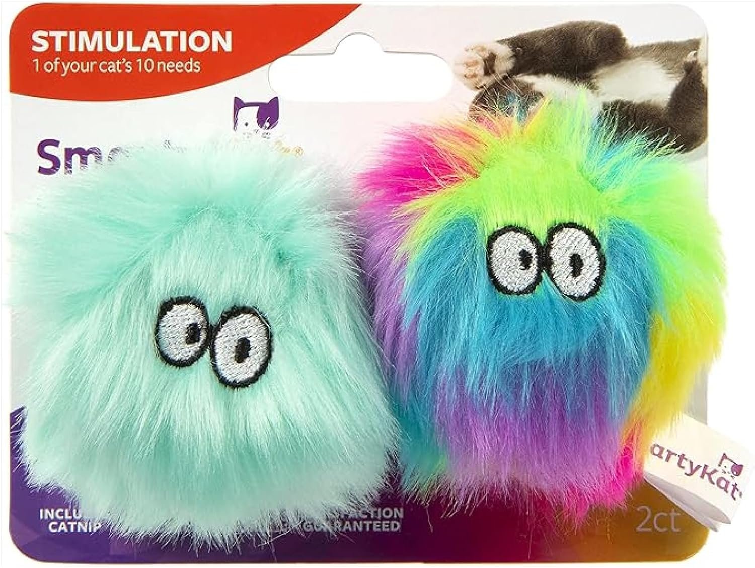 SmartyKat (2 Count) Fuzzy Friends Plush Catnip Ball Cat Toys – Rainbow/Turquoise, 2 Count