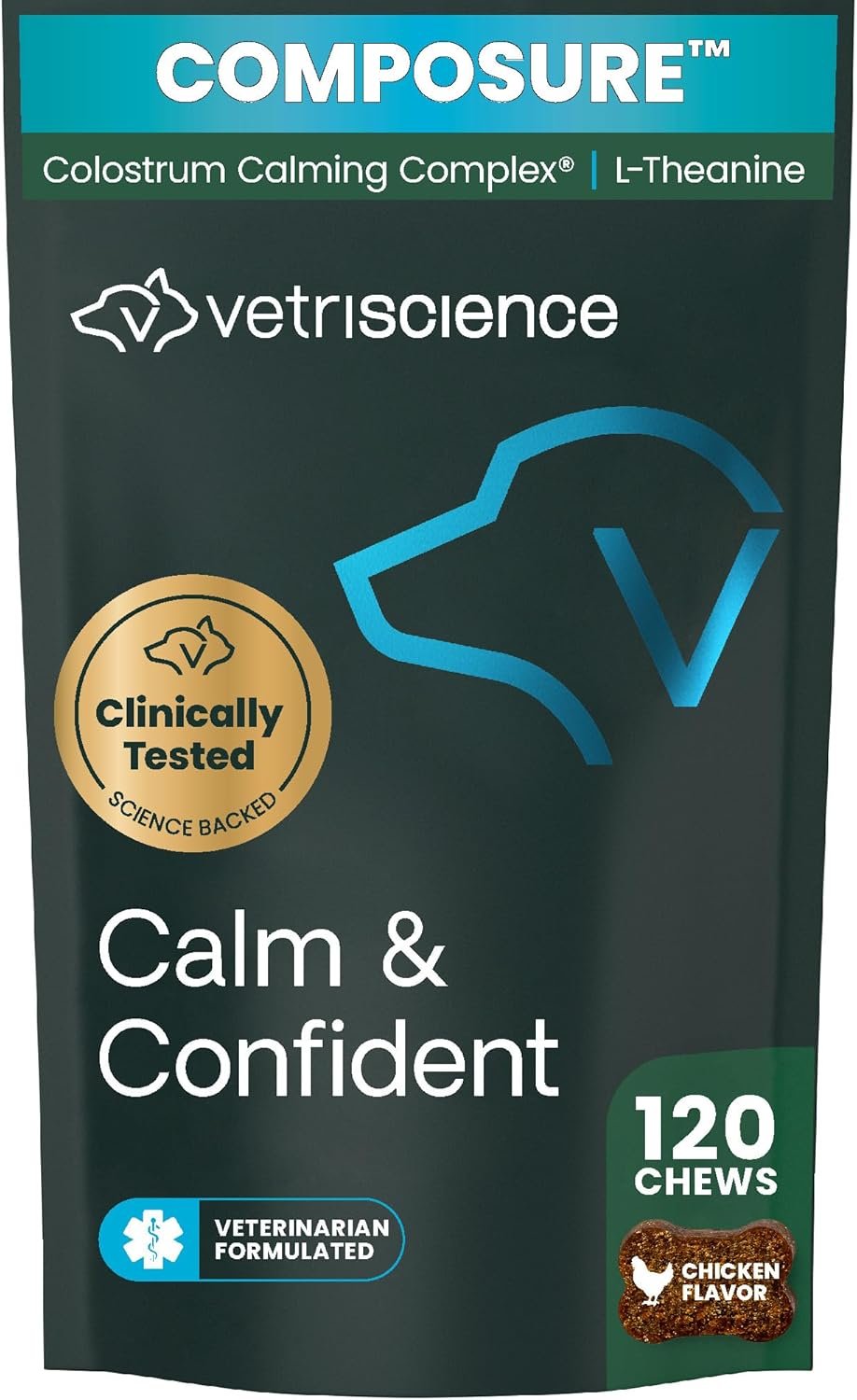 VetriScience Calm & Confident Chews, Composure Clinically Tested Calming and Anxiety Supplement for Dogs, Reduce Stress and Fear, Ideal for Thunderstorms, Fireworks and Travel, Chicken, 120 Count