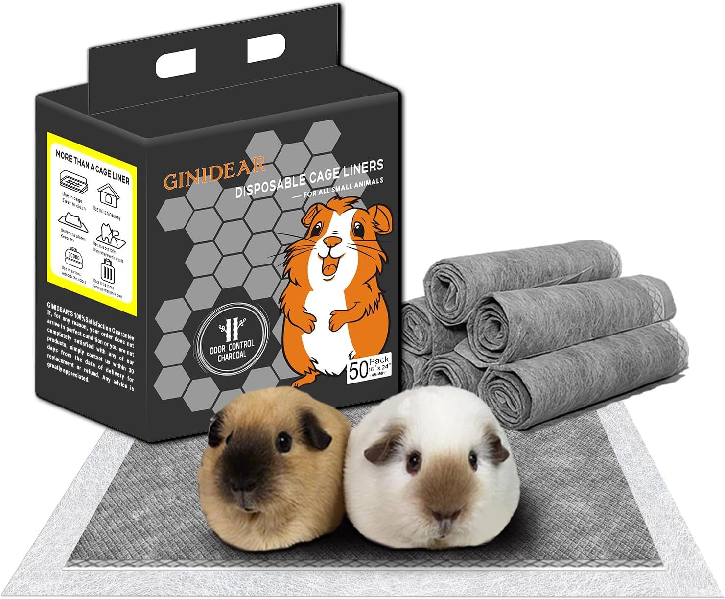 Guinea Pig Bedding, Disposable Guinea Pig Cage Liners, Charcoal Odor Controlling Absorbent Waterproof Pee Pads for Rabbits, Hamster and Other Small Animals. 18”x24”,50 Count