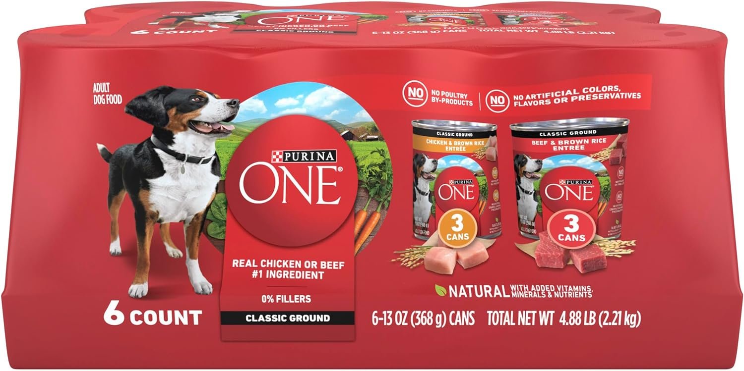 Purina ONE Classic Ground Chicken and Brown Rice, and Beef and Brown Rice Entrees Wet Dog Food Variety Pack – (Pack of 6) 13 oz. Cans