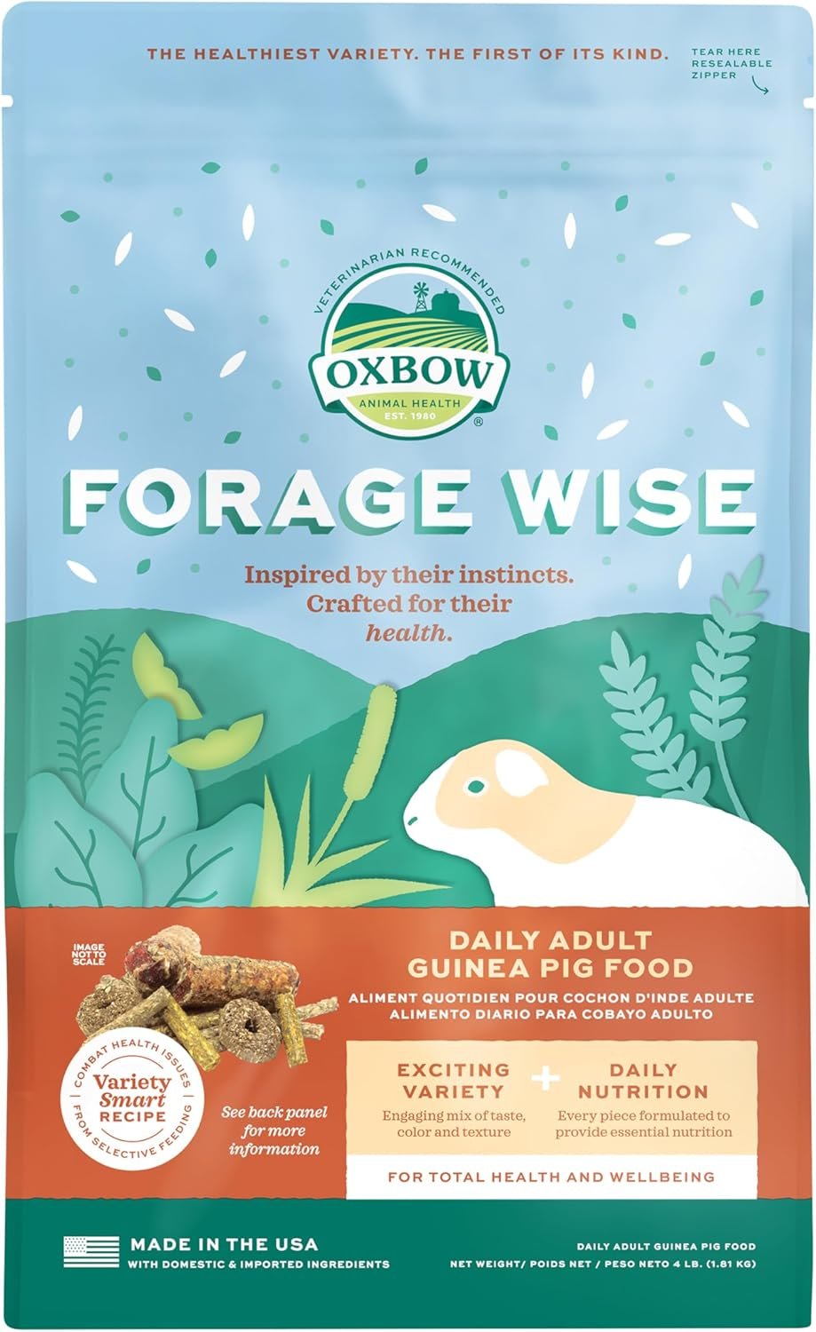 Oxbow Forage Wise Adult Guinea Pig Food, All Natural Adult Guinea Pig Pellets, Formulated with Timothy Hay & Vitamin C, No Artificial Colors & Preservatives, Made in The USA, Vet Recommended, 4 lbs