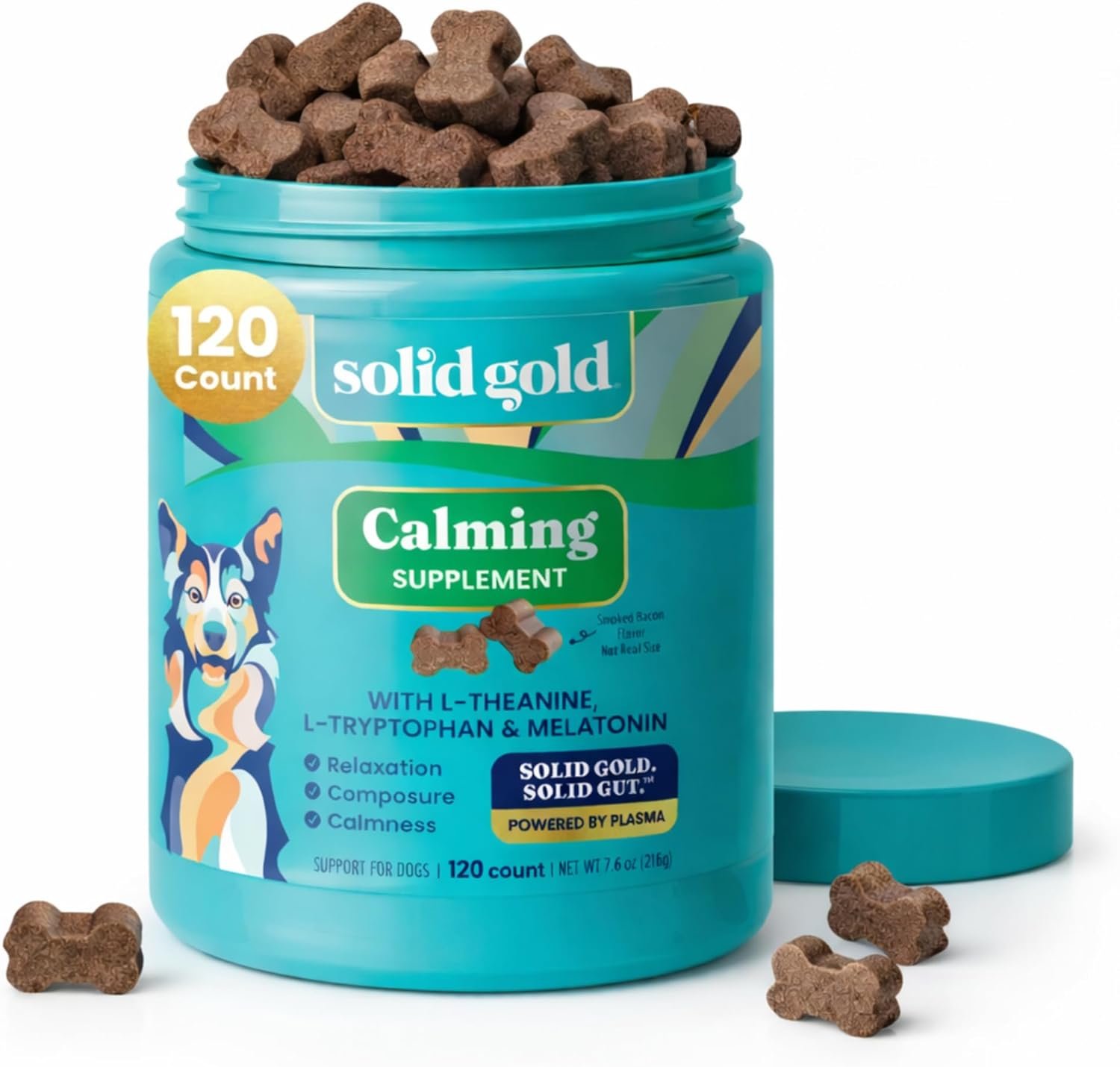 Solid Gold Calming Chews for Dogs – Dog Calming Chews w/Melatonin for Separation, Stress & Hyperactivity Relief – Supports Relaxation for Travel, Fireworks & Storms – All Ages & Sizes – Bacon 120ct