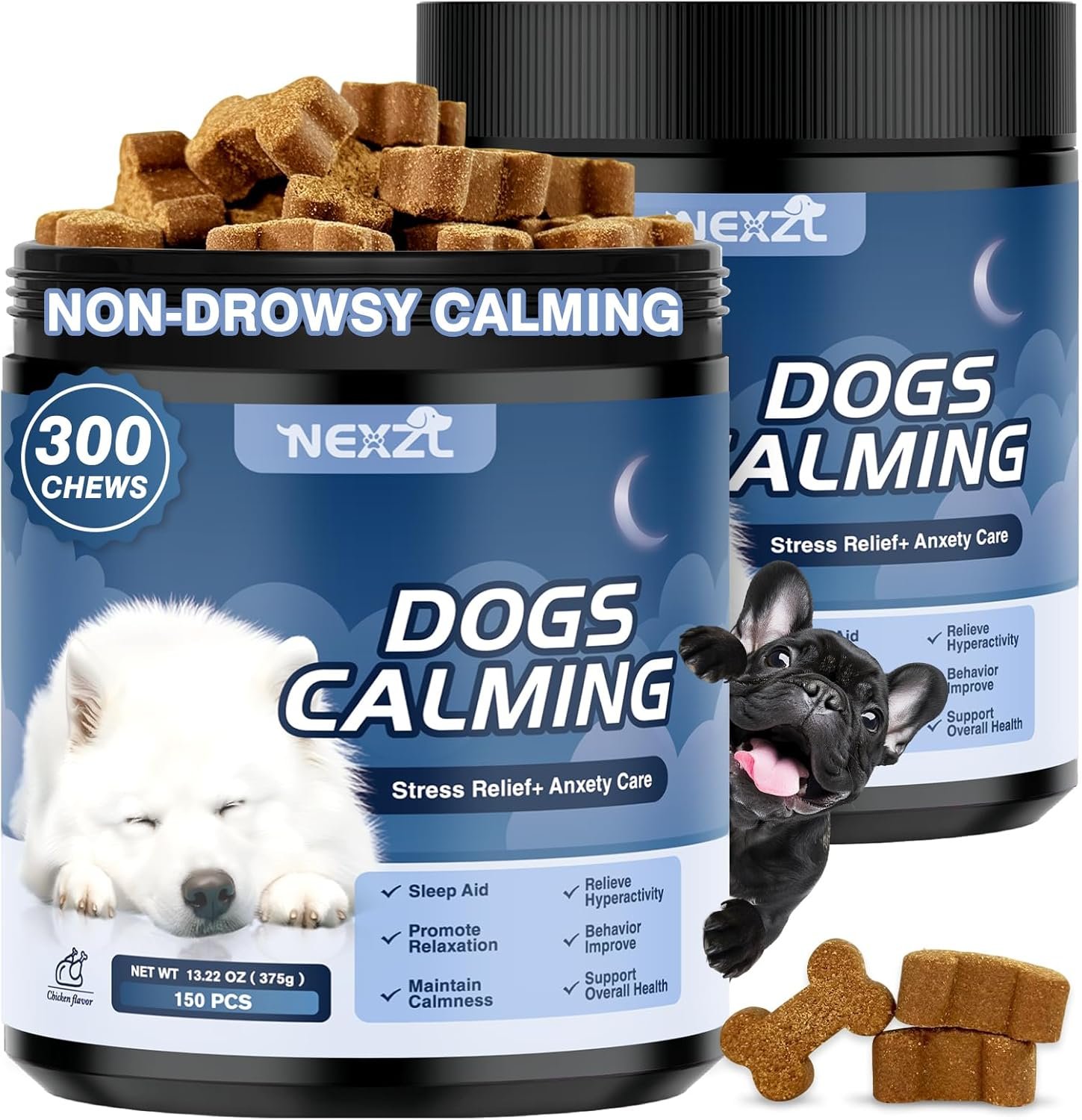 2 Pack Calming Chews for Dogs 300 Count with Melatonin Dog Anxiety Chews Stress Relief Sleep Treats Extra Strength Calming for All Dogs-Fireworks Thunder Barking Separation Vet Approved Chicken Flavor