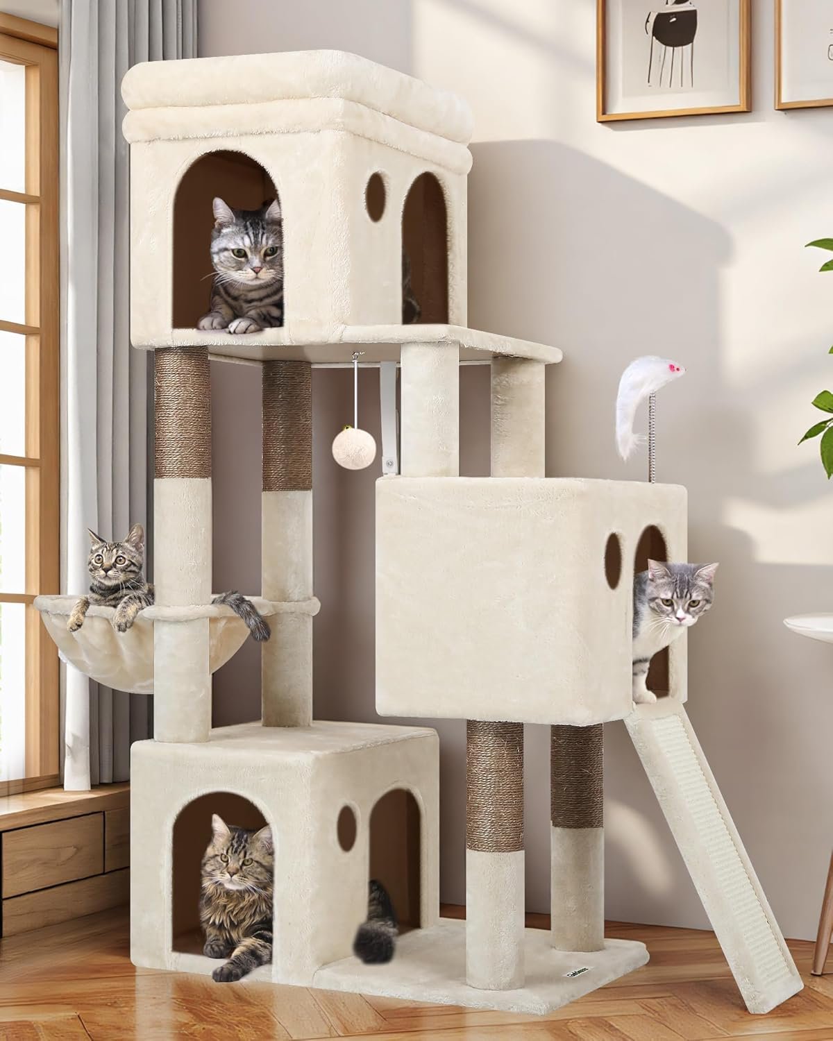 Globlazer 52in Cat Tower for Multiple Indoor Cats, Heavy Duty Multi-Level Cat Tree with 3 Cozy Condos, 4 Natural Sisal Scratching Posts and Cozy Basket Bowl, F52B, Beige