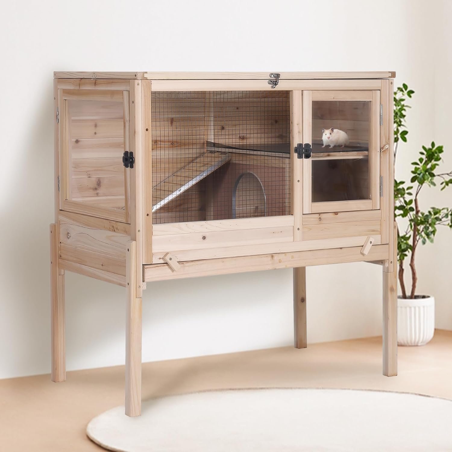 Guinea Pig Cage with Wooden Stand – Hamster Cage, Small Animal Cage Anti Chew Ramp, Hideout, Platform, Pull Out Tray (Wood, L)