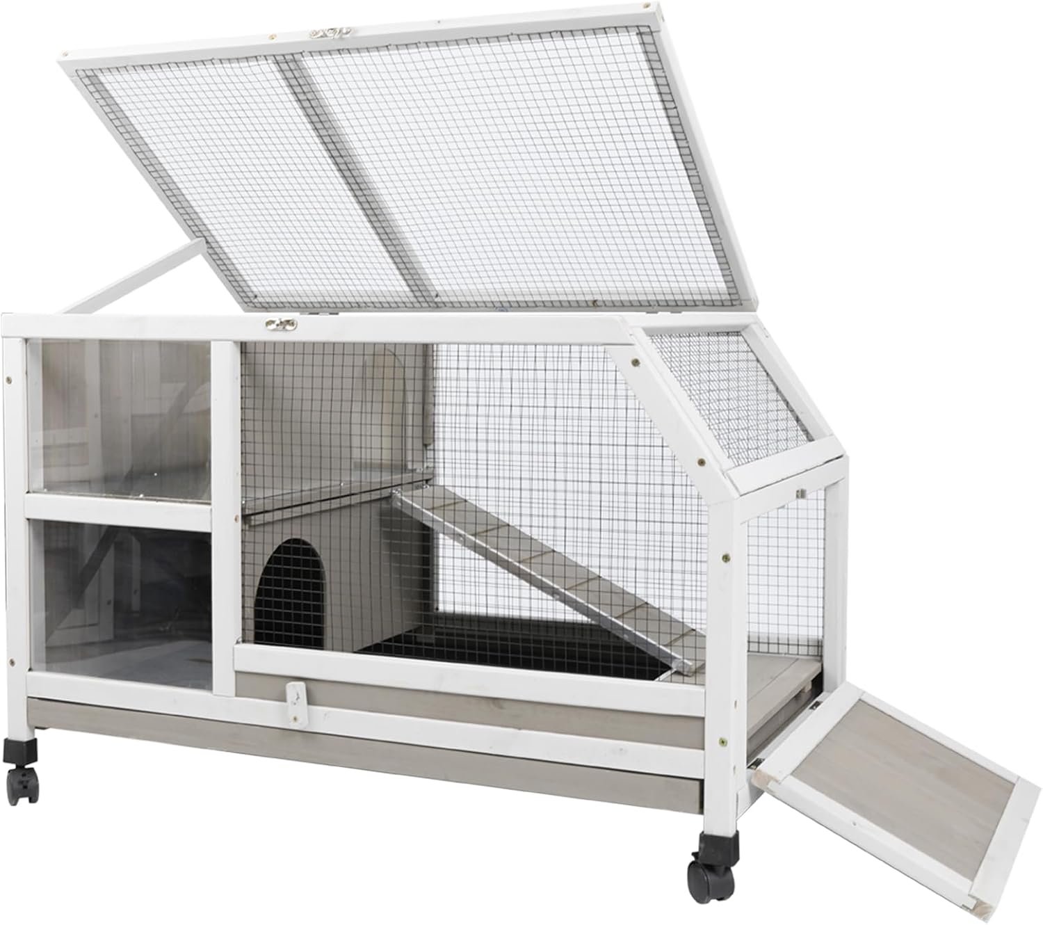 Gowoodhut Indoor Rabbit Hutch – 36”L Outdoor Wooden Bunny Hutch with Wheels Rabbit Cage Guinea Pig Cages Removable Pull Out Tray, Ramp, Hideout, Small Animals Pet House Hamster Ferret for Bunny Cage