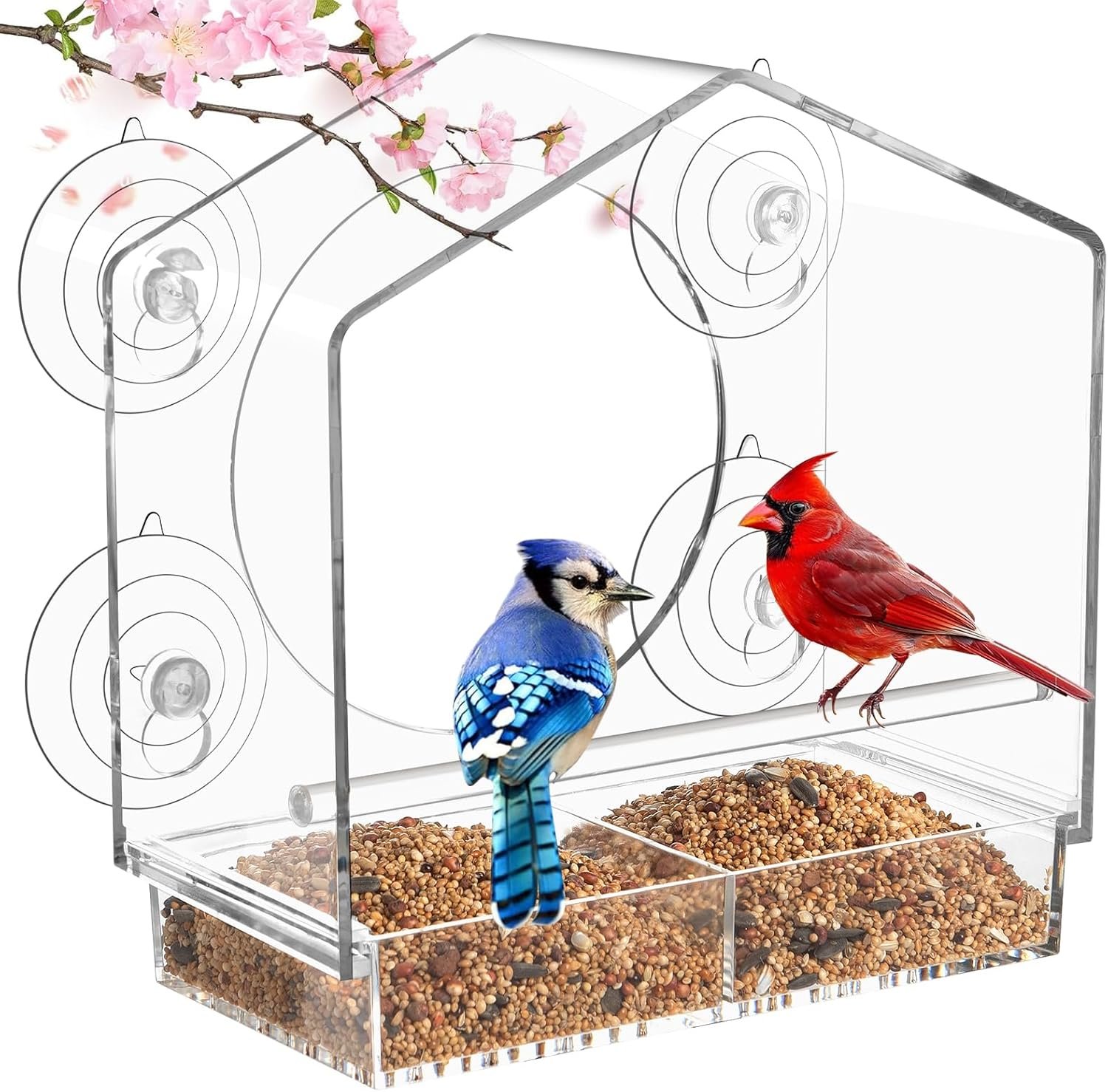 Clear Window Bird Feeder with Slide-Out Removable Tray – 4 Strong 2.36 Inch Suction Cups Acrylic House – See-Through Window Feeders for Outside – Bird Watching for Mom, Cats & Elders