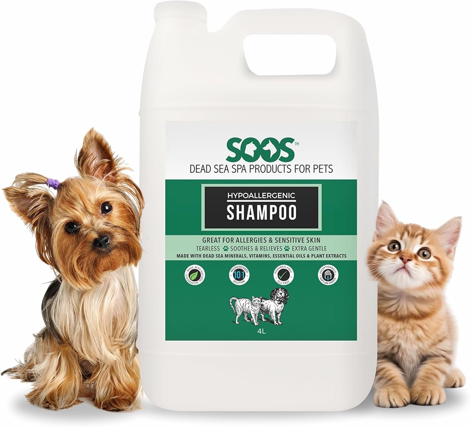 Soos Pet Hypoallergenic Shampoo for Dogs and Cats Made with Natural Dead Sea Minerals Fast Absorbing with Vitamins Essential Oils Natural Ingredients – 1x (4L Gallon)