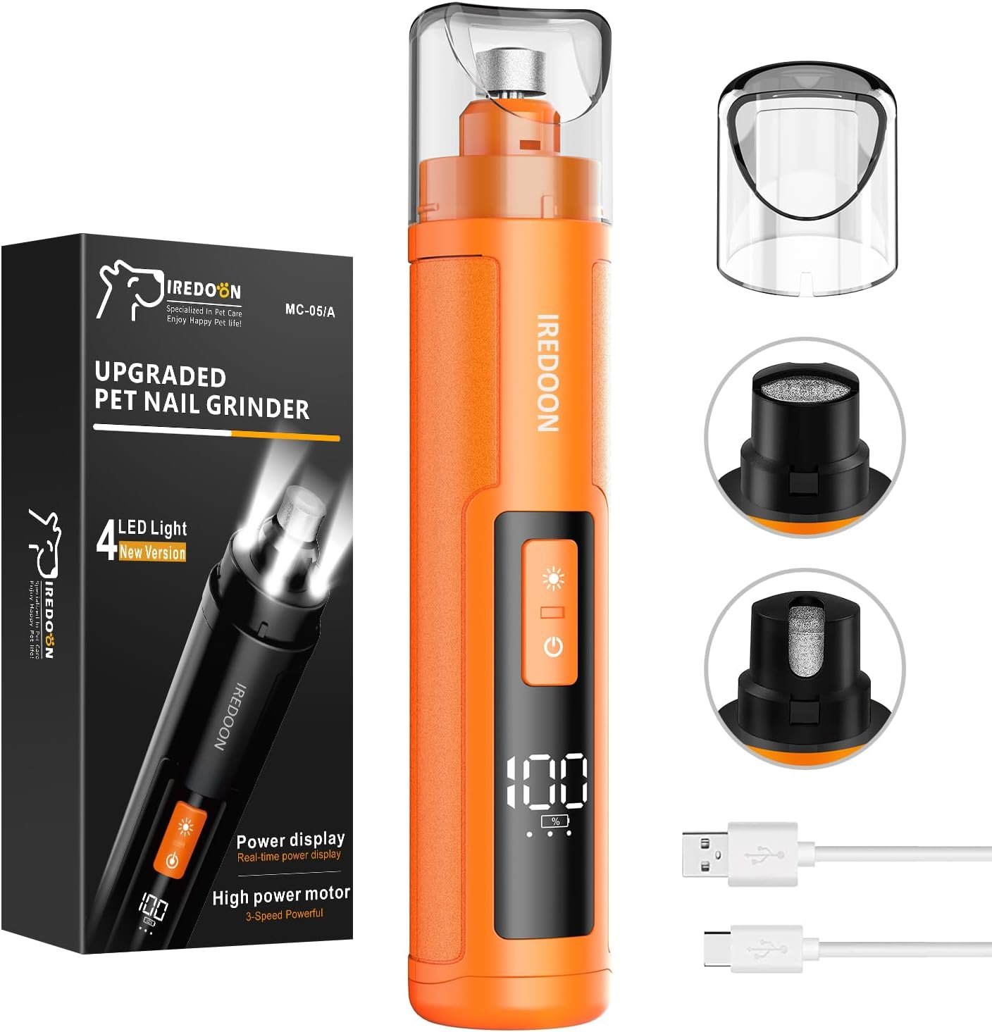 Dog Nail Grinder Upgraded – Professional 3-Speed Super Quiet and Low Vibration Electric Pet Nail Grinder with 4 LED Lights – Painless Paws Grooming & Smoothing for Small to Large Dogs (Orange)