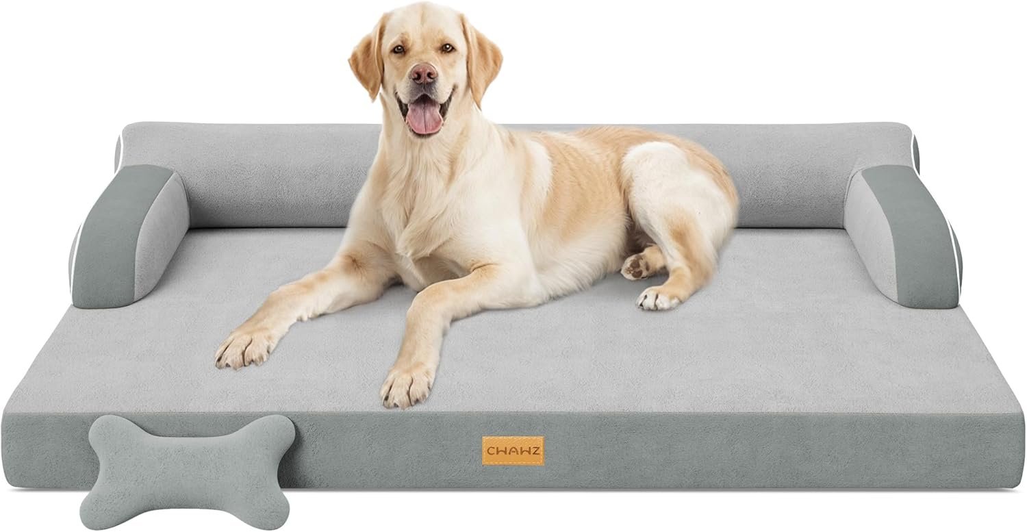CWAWZ XL Plus Orthopedic Dog Bed, Big Dog Bed for Large Sized Dogs, Dual-Sided Pet Cooling Beds with Memory Foam Washable Cover Nonslip Bottom, Waterproof Pet Couch with Bolster, Light Grey