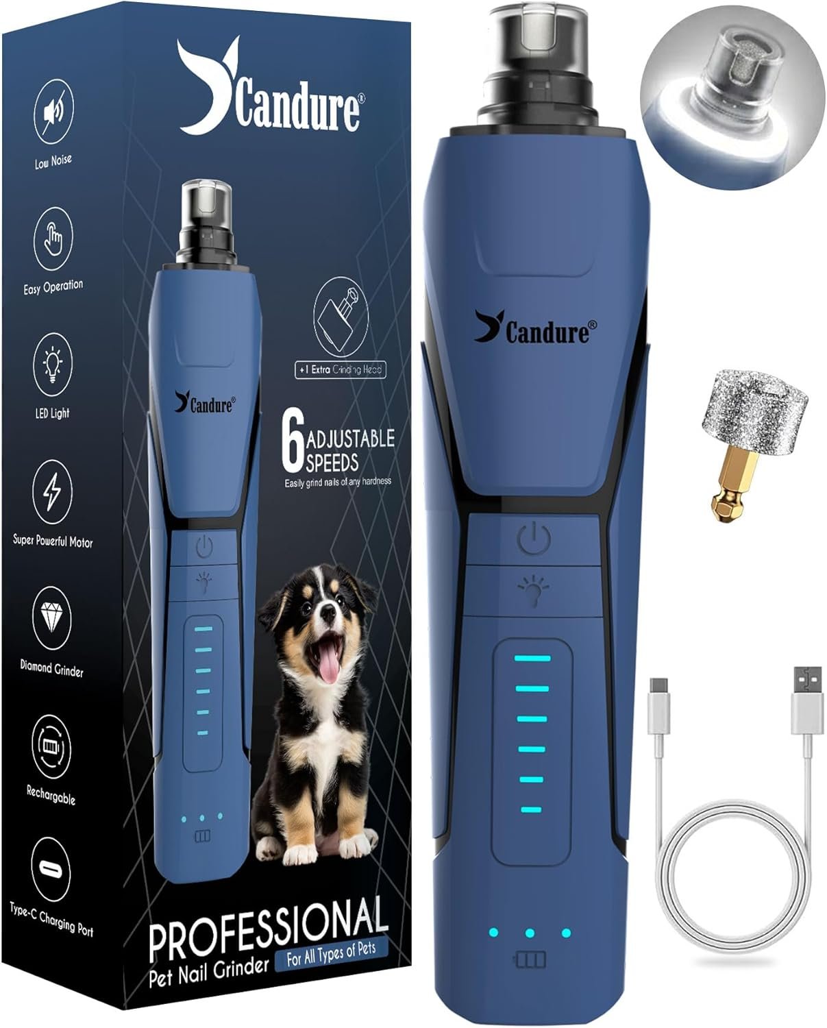 Candure Dog Nail Grinder Upto 6-Speed Dog Nail Trimmer for Large, Medium, Small Dogs, Cats & Pets Low Noise Rechargeable Dog Claw Grinder with 360° LED Lights & Includes Extra Grinder Head (Dark Blue)