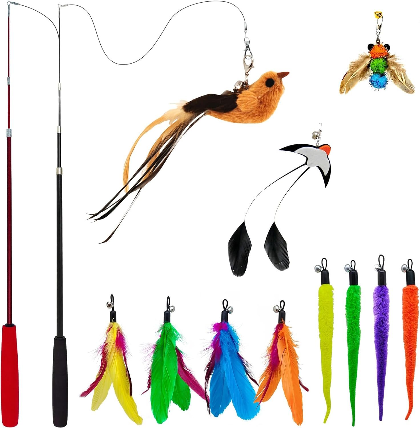 miwoowim Interactive Cat Wand Toy Set – 2 Retractable Wands (37″ & 49″) with 11 Refills Attachments – Feather Toys, Plush Bird, Worms, Insect & Swallow – Cat Teaser Toys for Indoor Cats & Kittens