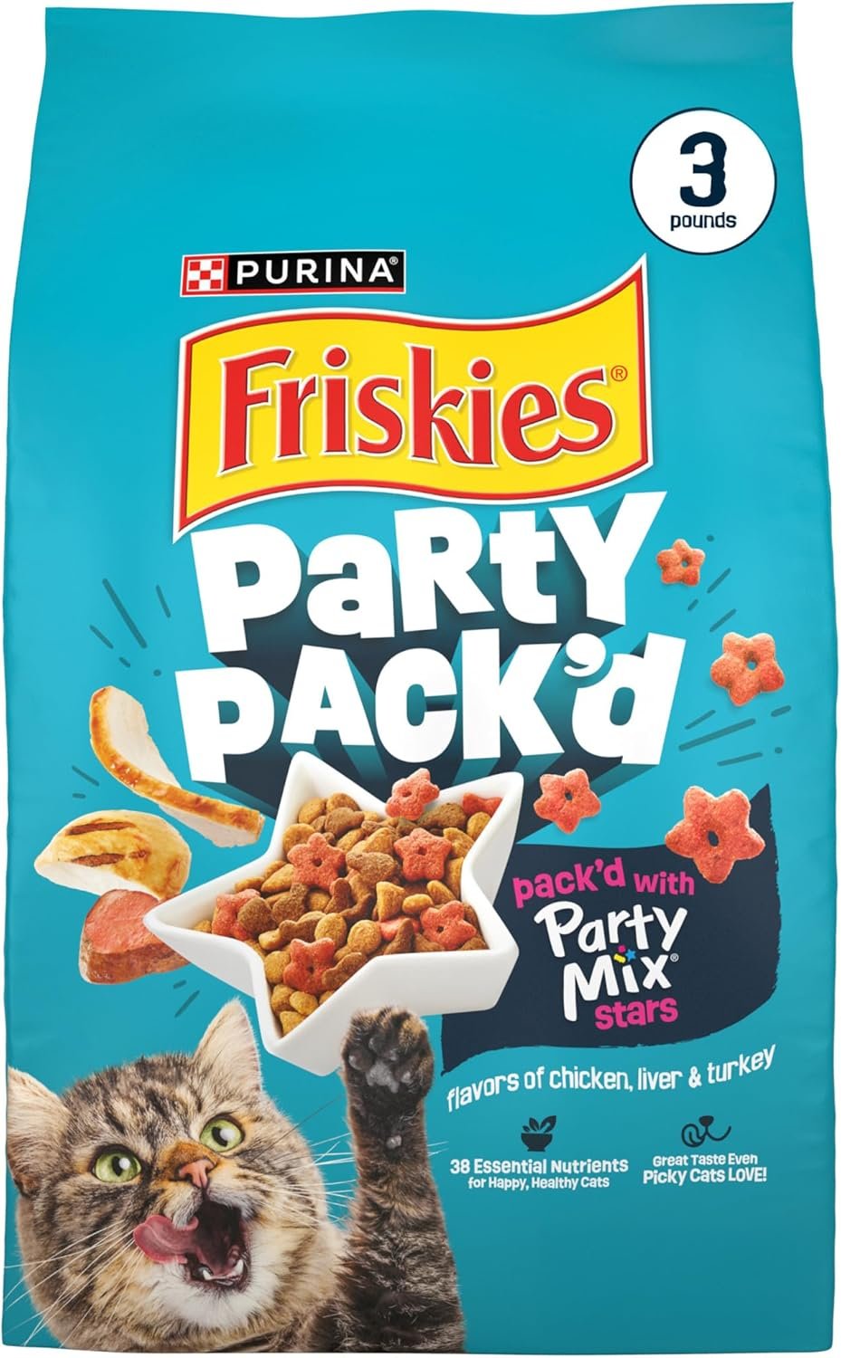 Purina Friskies Party Pack’d with Flavors of Chicken, Liver and Turkey Crunchy Dry Cat Food – 3 lb. Bag