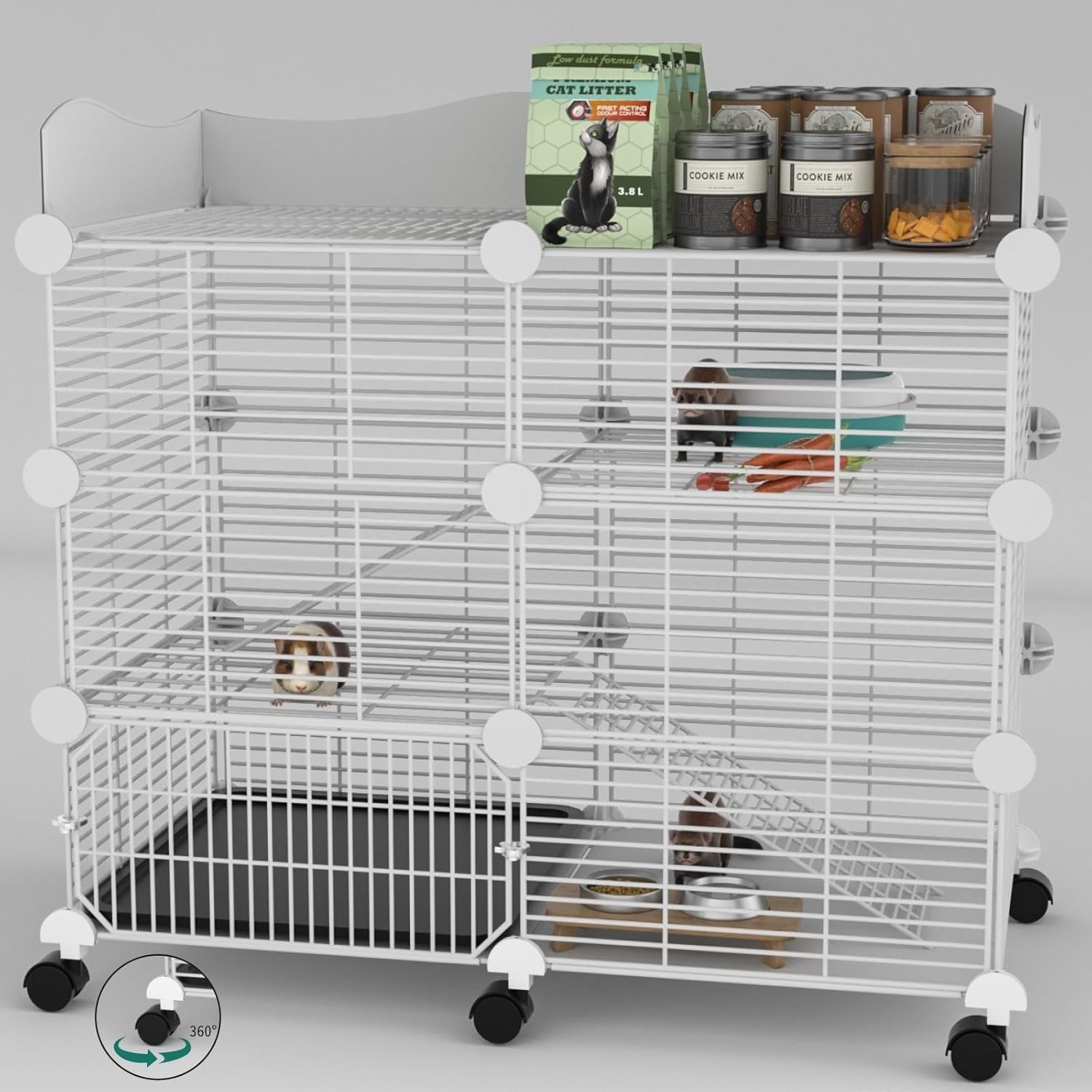 STILLCOVE Large Guinea Pig Cages Indoor on Wheels, 3 Tier C&C Ferret Cage Small Animal Hideout House with Top & Removable Tray, Pet Playpen Fence for 1-3 Hamster, Rat, Chinchilla, Hedgehog
