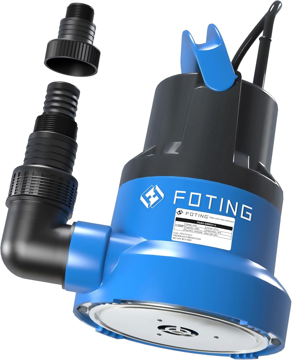 FOTING 1/2HP Submersible Water Pump with Stainless Steel Base – Removes Water to 0.04″ Depth, 2450GPH Portable Sump Pump for Puddles, Pools, Boats, Gardens & Ponds – 10Ft Cord Included
