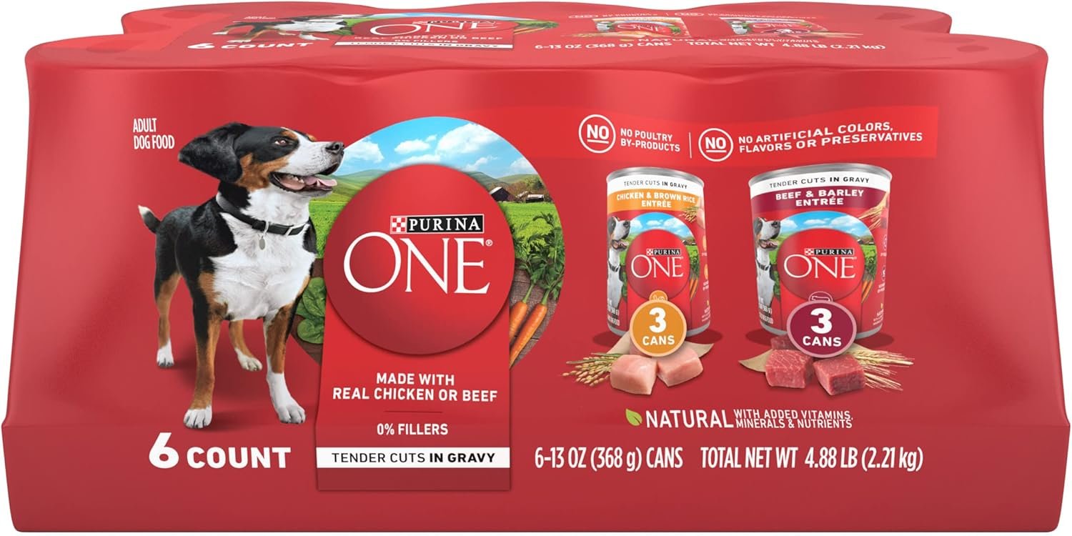 Purina ONE Tender Cuts in Gravy Chicken and Brown Rice, and Beef and Barley Entrees Wet Dog Food Variety Pack – (2 Packs of 6) 13 oz. Cans