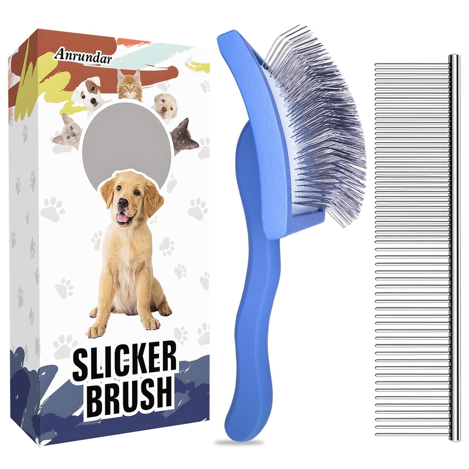 Dog Slicker Brush for Golden Doodle Grooming Kit – Dematting Brushes for Goldendoodles, Labradoodles, Poodles – Pet Hair Brush for Medium & Long Haired Dogs – Large (Blue)