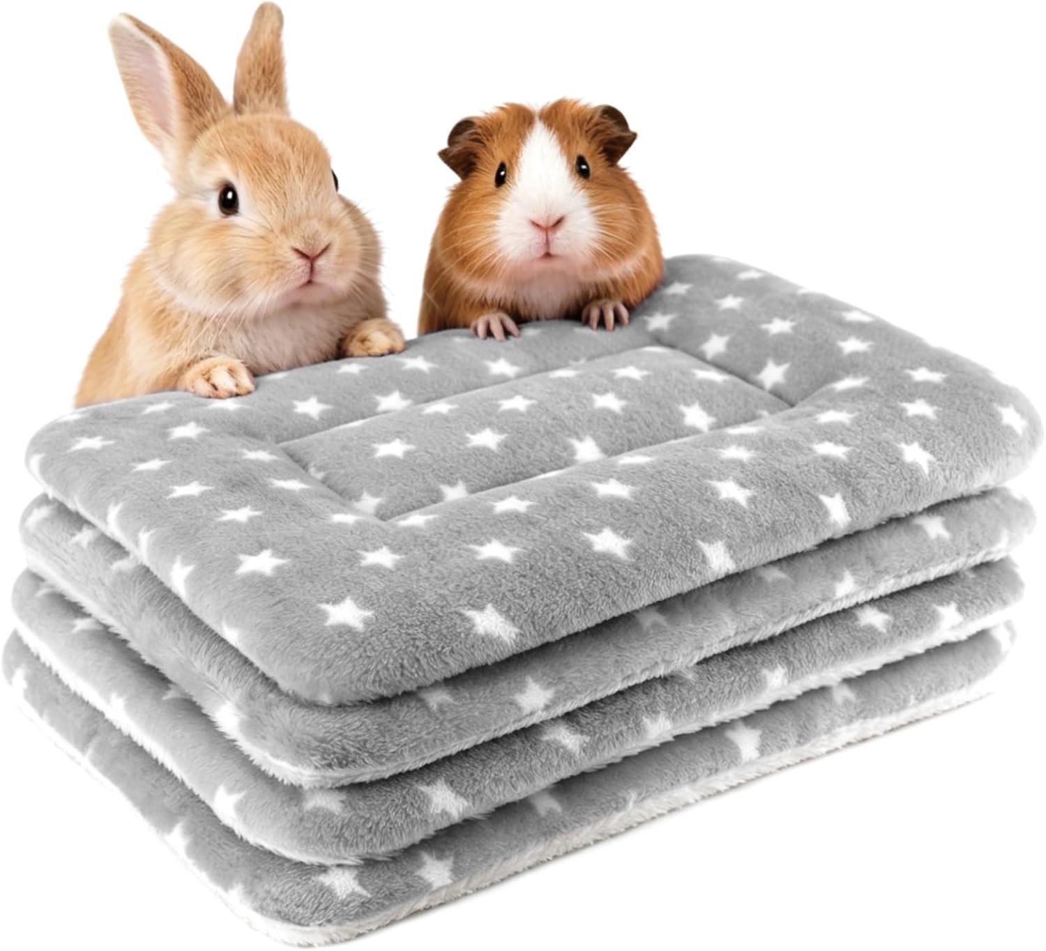 4 Pack Rabbit Bed Mat, 14″ x 11″ Soft Fluffy Flannel Small Pet Blanket, Washable Sleeping Pad for Guinea Pigs, Bunnies, Star Print – Grey