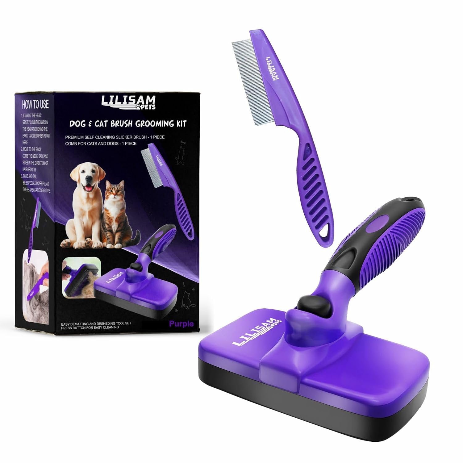 Pet Self Cleaning Slicker Brush and Grooming Comb – Gently Removes Loose Hair, Tangles, and Dirt – Skin Friendly Deshedding Grooming Tool for Hair Dogs & Cats – Pet Supplies Accessories (Purple)