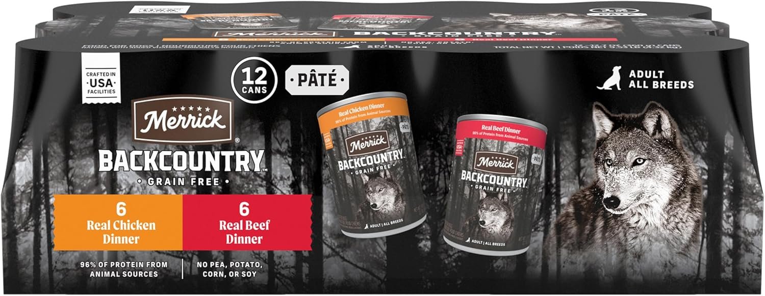 Merrick Backcountry Grain Free Premium Canned Dog Food, Variety Pack, Real Beef and Chicken Dinner Recipes – (Pack of 12) 9.5 lb. Cans