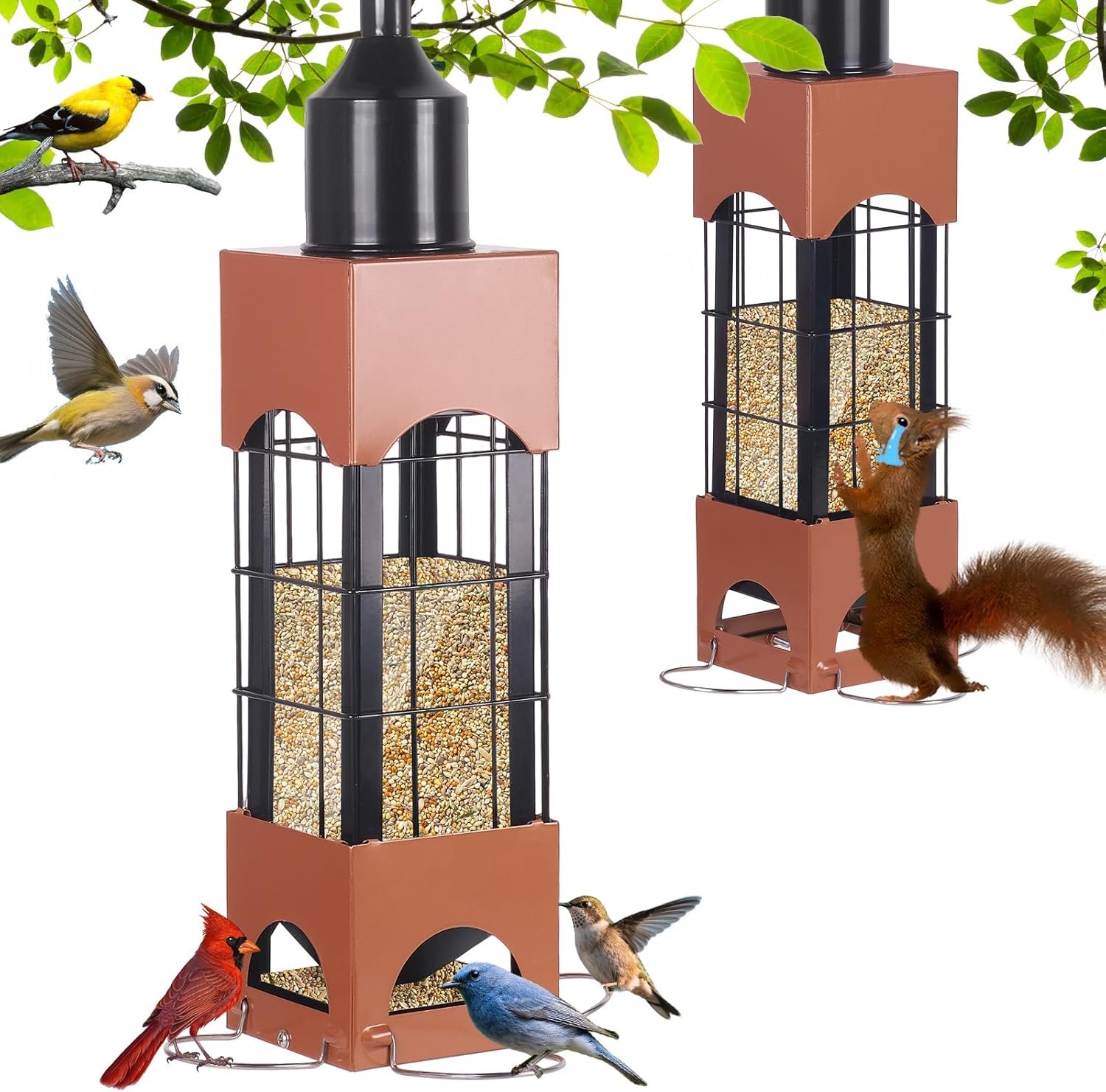 Squirrel Proof Bird Feeders for Outdoors Hanging, 5LB Large Capacity Metal Wild Bird Feeders, Heavy Duty Chew Proof Tube Feeder for Cardinal Finch Chickadee, Garden Yard Outside Decoration