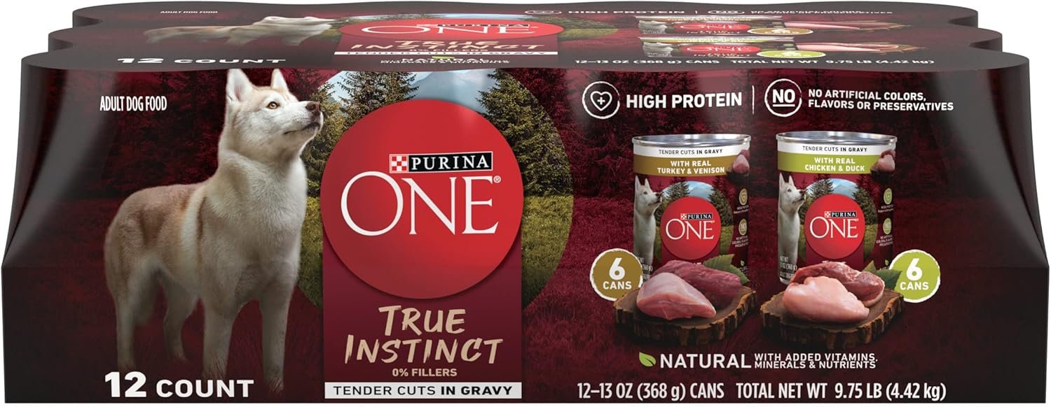 Purina ONE True Instinct Tender Cuts in Gravy With Real Turkey and Venison, and With Real Chicken and Duck High Protein Wet Dog Food Variety Pack – (Pack of 12) 13 oz. Cans