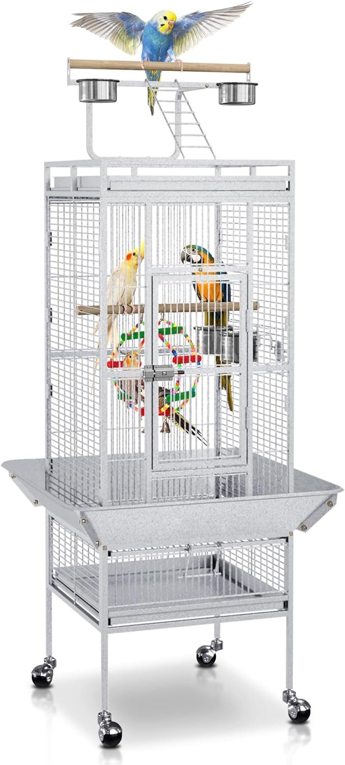SUPER DEAL PRO 61-inch 2in1 Large Bird Cage with Rolling Stand Playtop Parrot Chinchilla Finch Cage Macaw Conure Cockatiel Cockatoo Pet House Wrought Iron Birdcage, White