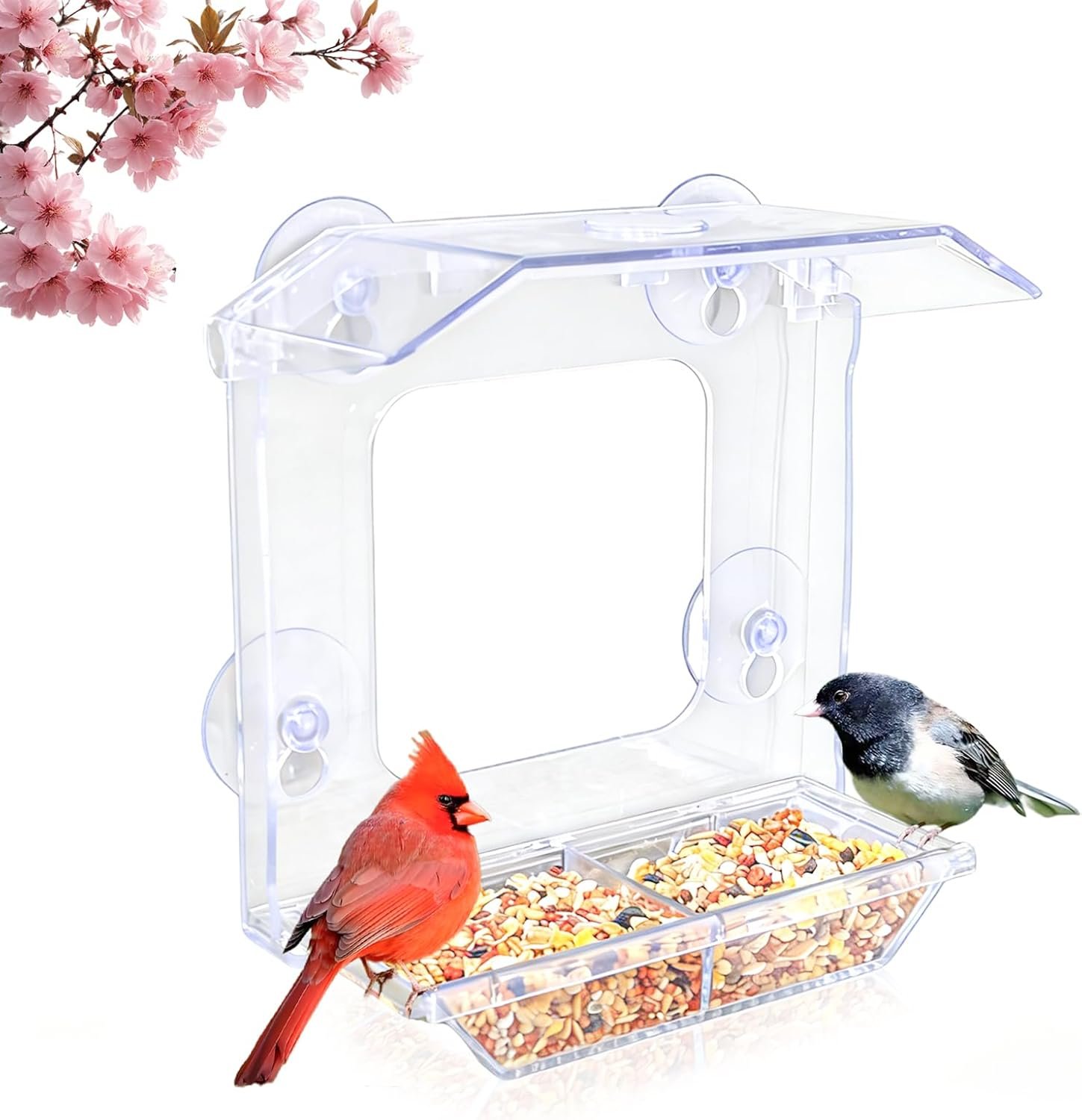 Window Bird Feeder with 4 Extra Strong Suction Cups, Clear Bird Feeder with Dual Seed Tray, Easy to Install & Clean, Birdfeeder for Viewing Wild Birds, Bird Watching Gift, Garden Decor